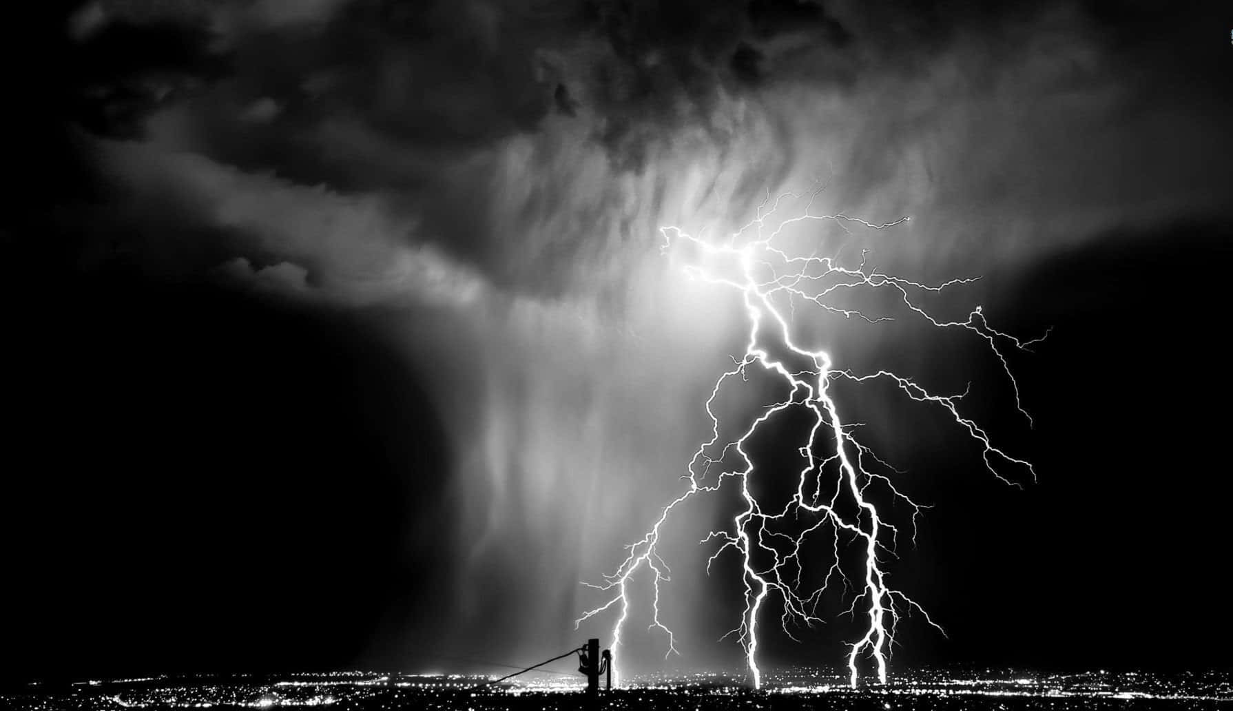 Black And White Storm, night sky, massive lightning bolt, HD Desktop Wallpaper