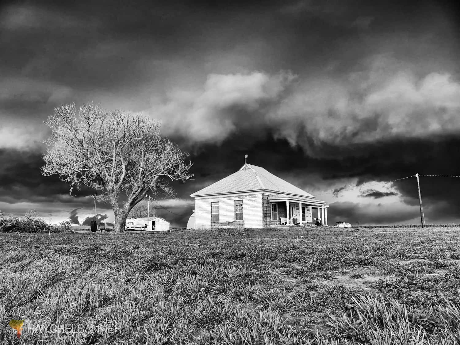 Black And White Storm, lone house, bare tree, HD Desktop Wallpaper