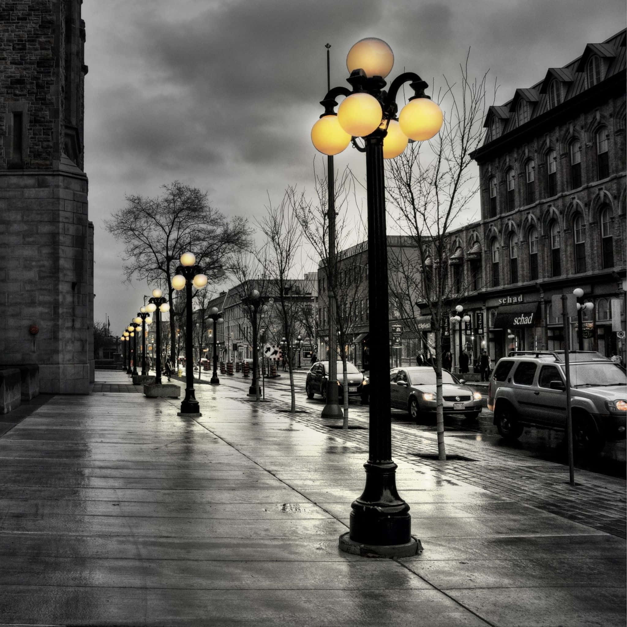 wet urban street, dusk, glowing vintage street lamps, Full HD Desktop Wallpaper