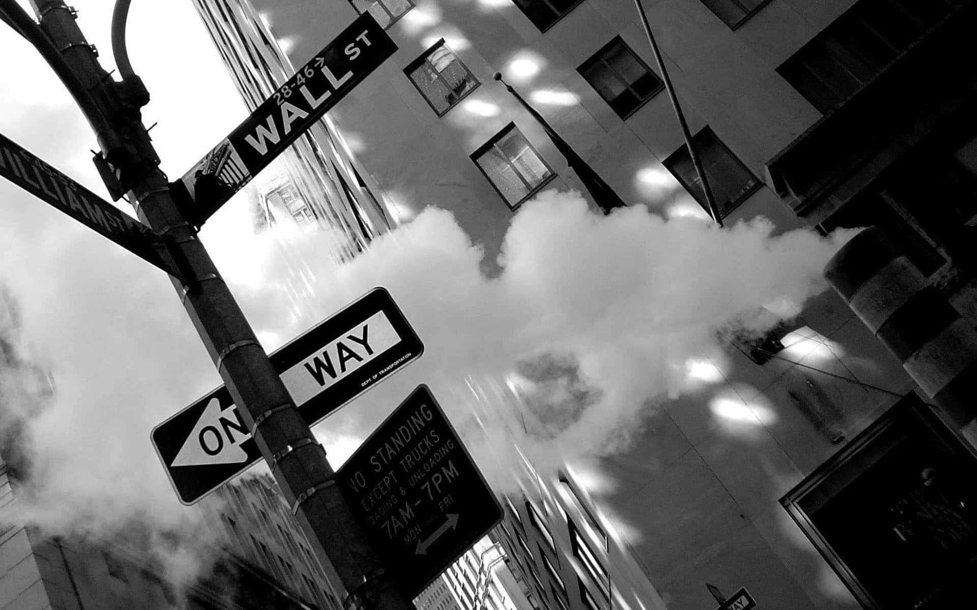 Wall Street, black and white shot, steam billowing, Full HD Desktop Wallpaper