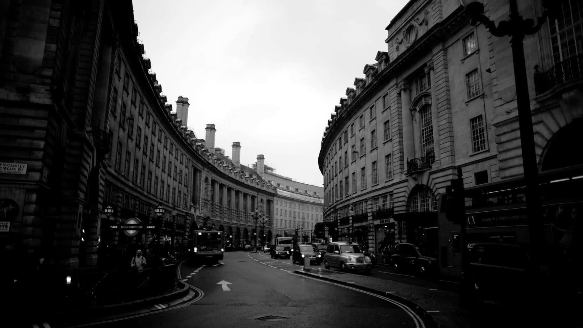 black and white street, curved historic street, grand stone buildings, Full HD Desktop Wallpaper
