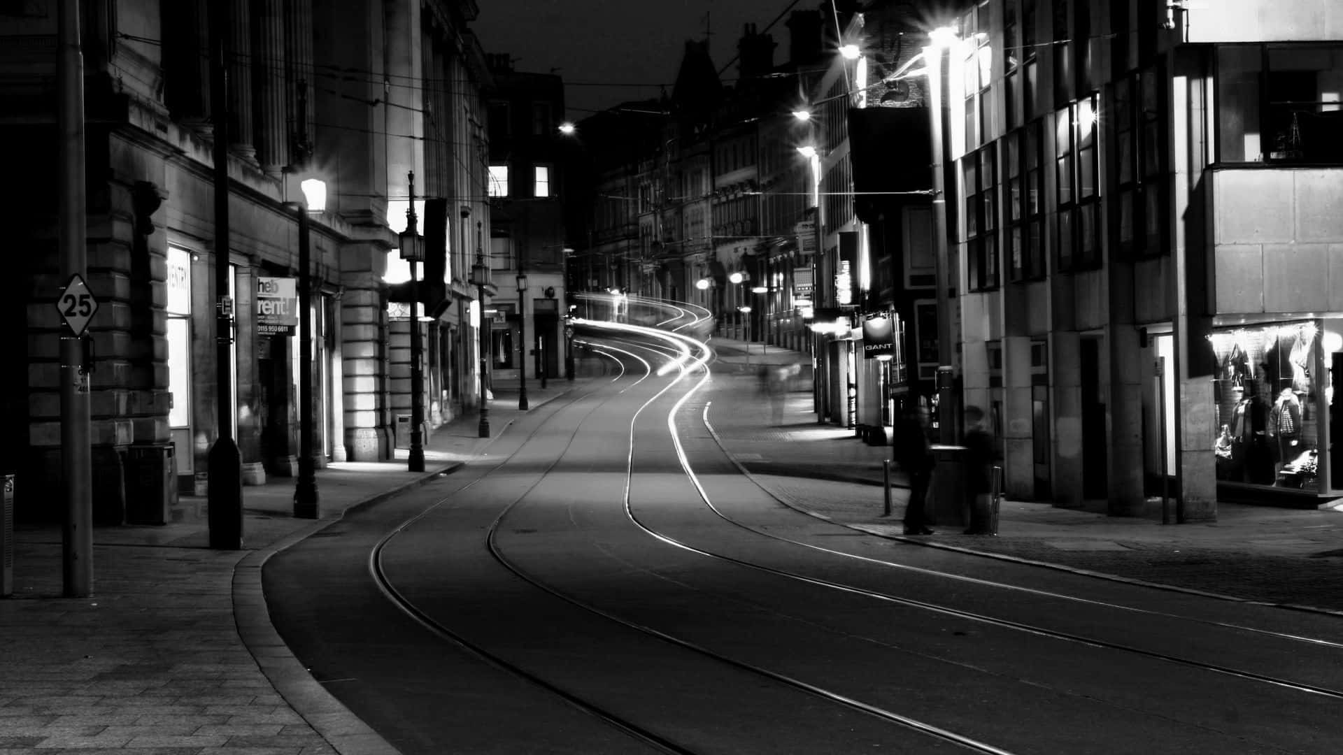 black and white street, curved city street, night, Full HD Desktop Wallpaper