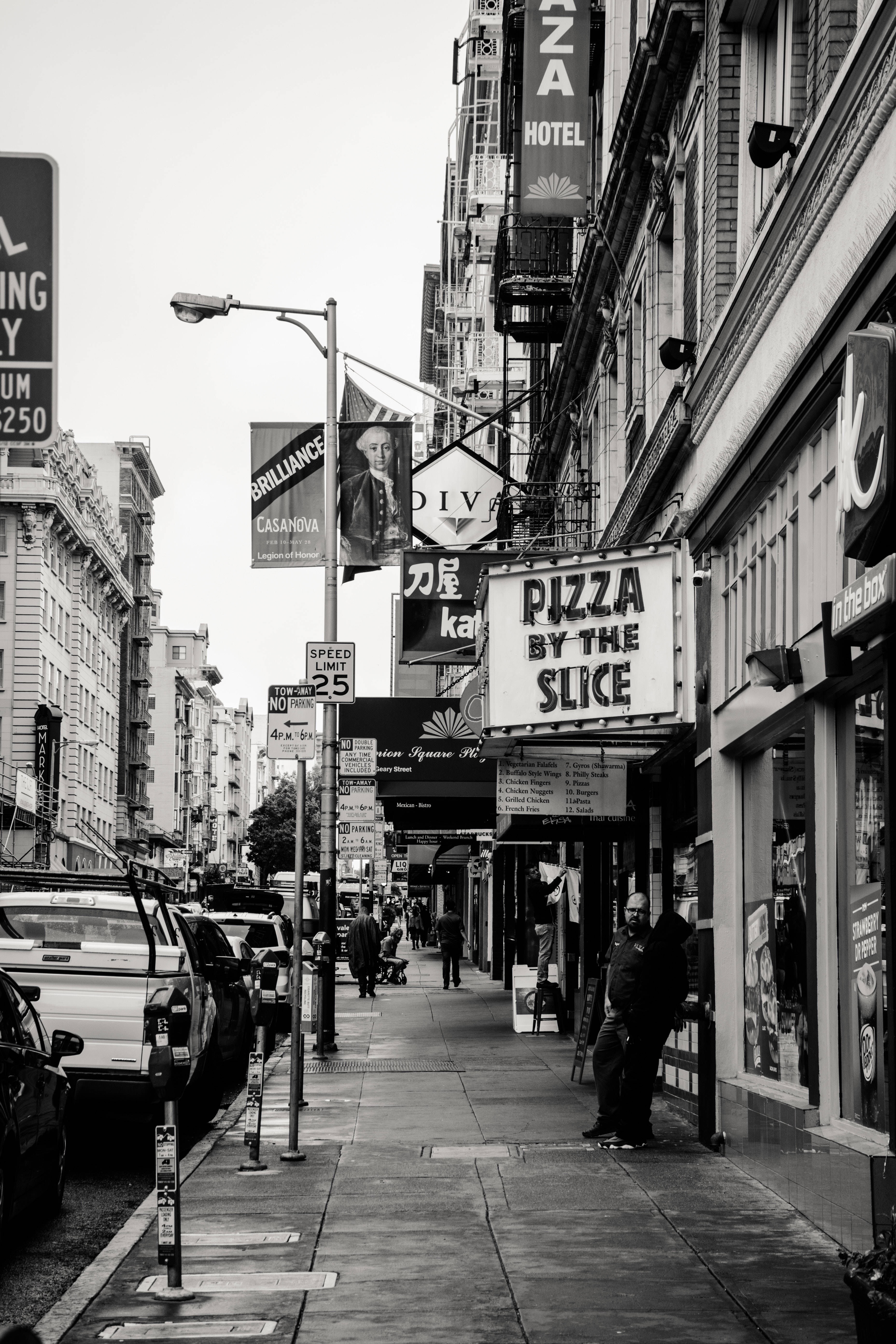 Black And White Photography City Signs, bustling city, pedestrians, 5K Phone Wallpaper