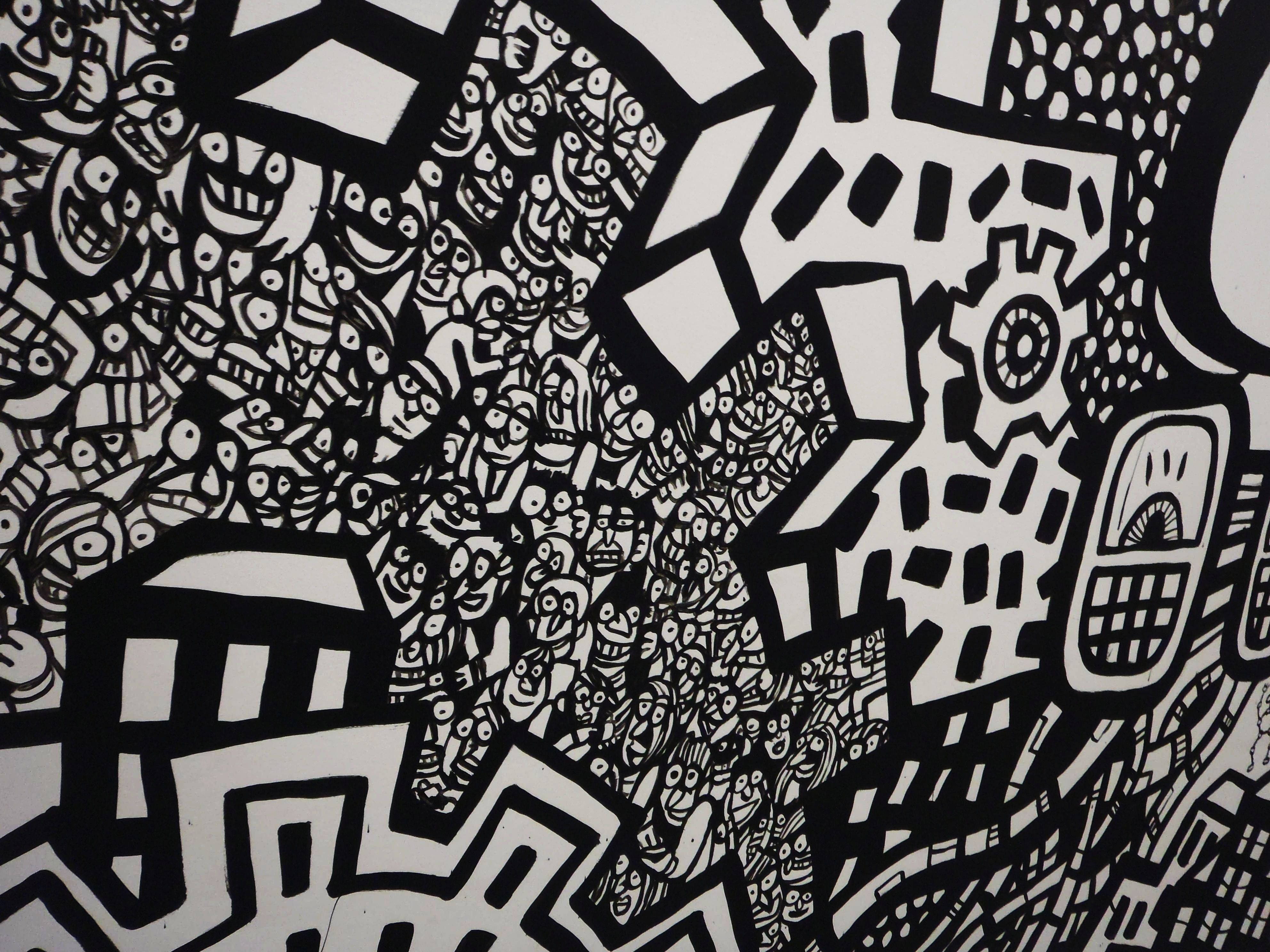 black and white, graffiti buildings, stylized faces, 4K Desktop Wallpaper