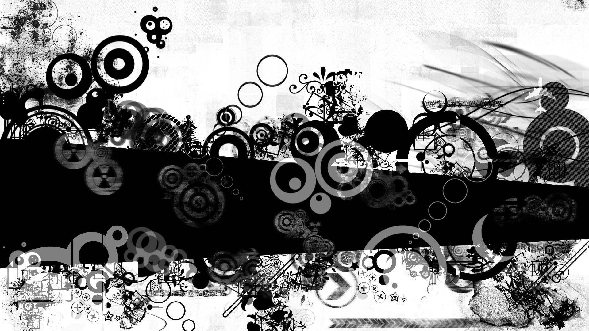 black and white circles abstract, overlapping circles, splatters, Full HD Desktop Wallpaper
