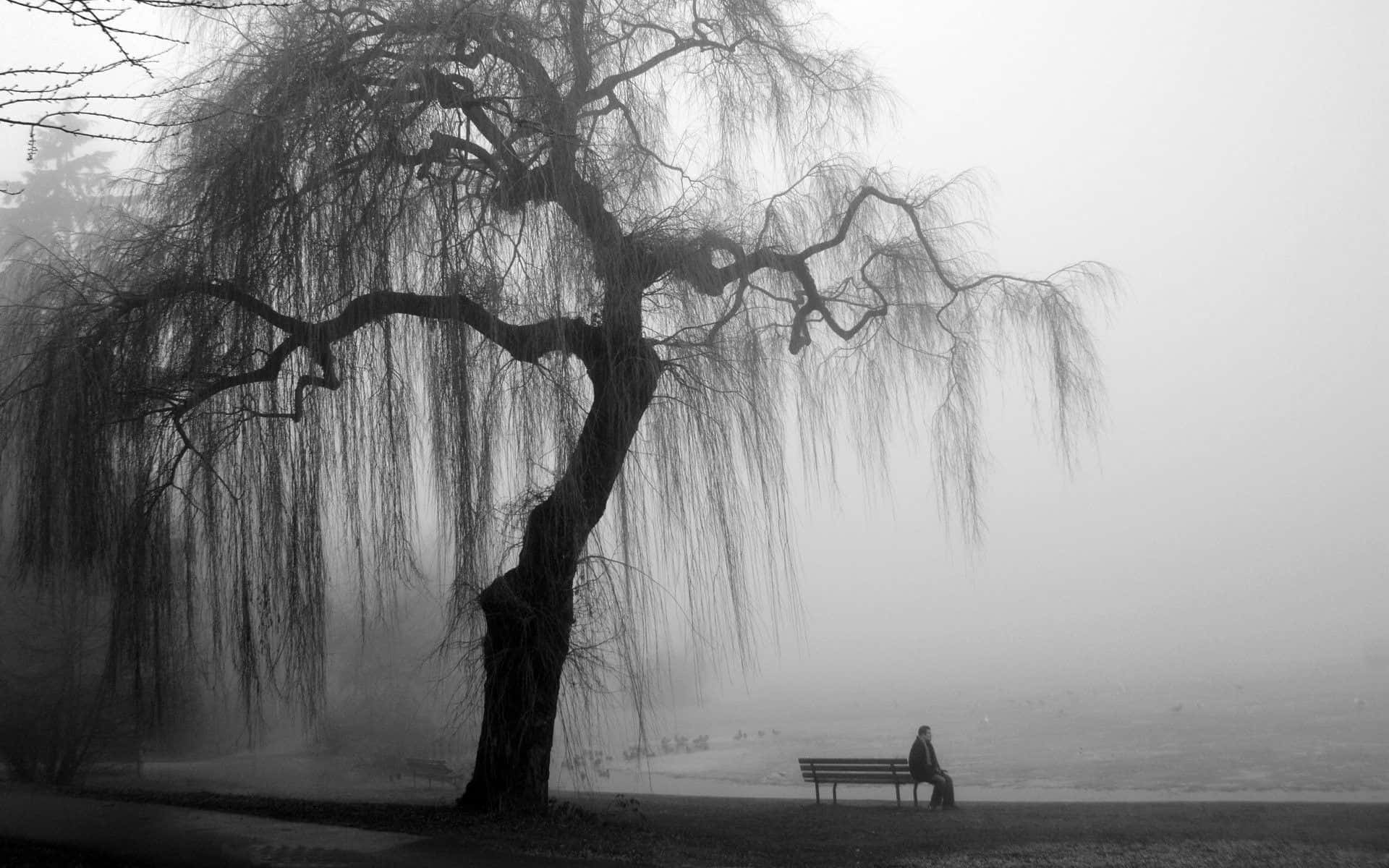 black and white tree, willow tree, misty monochrome park scene, Full HD Desktop Wallpaper