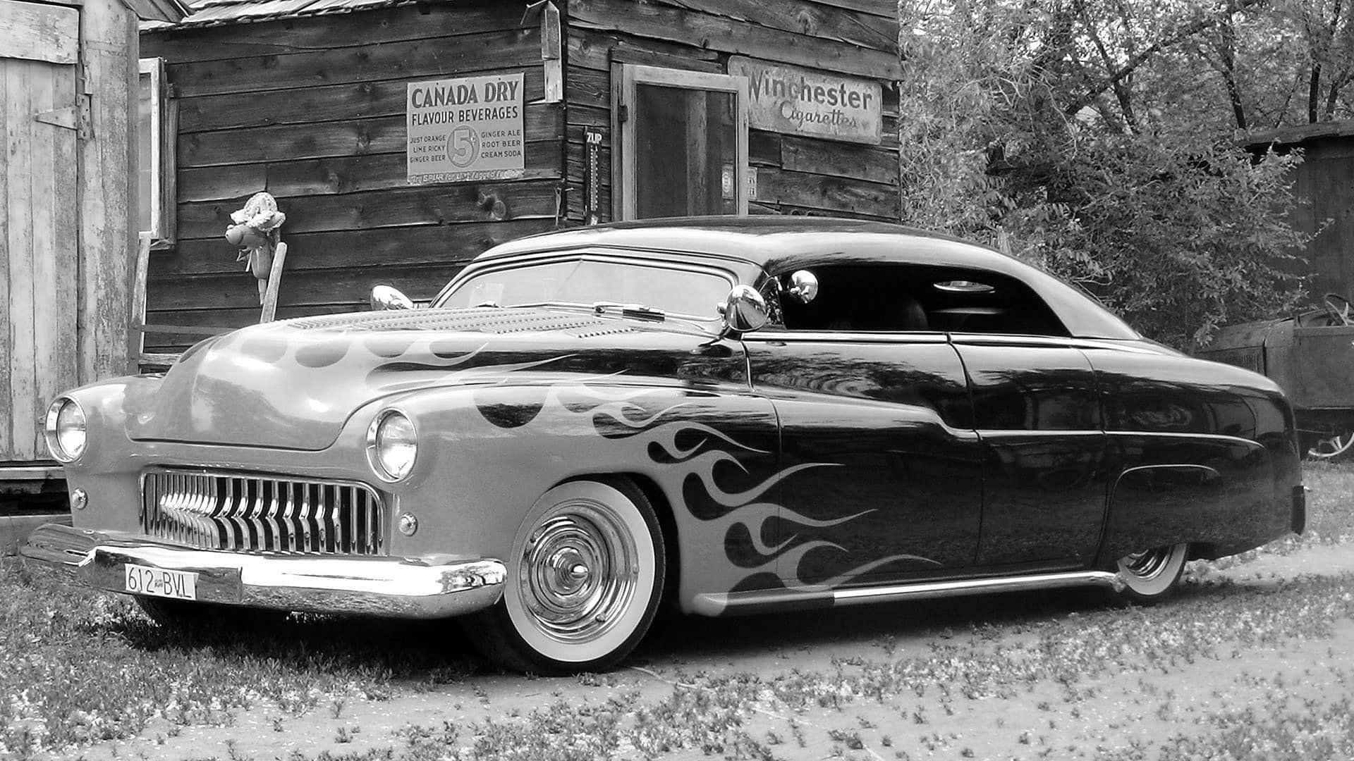 classic customized hot rod, flame decals, rustic wooden building, Full HD Desktop Wallpaper