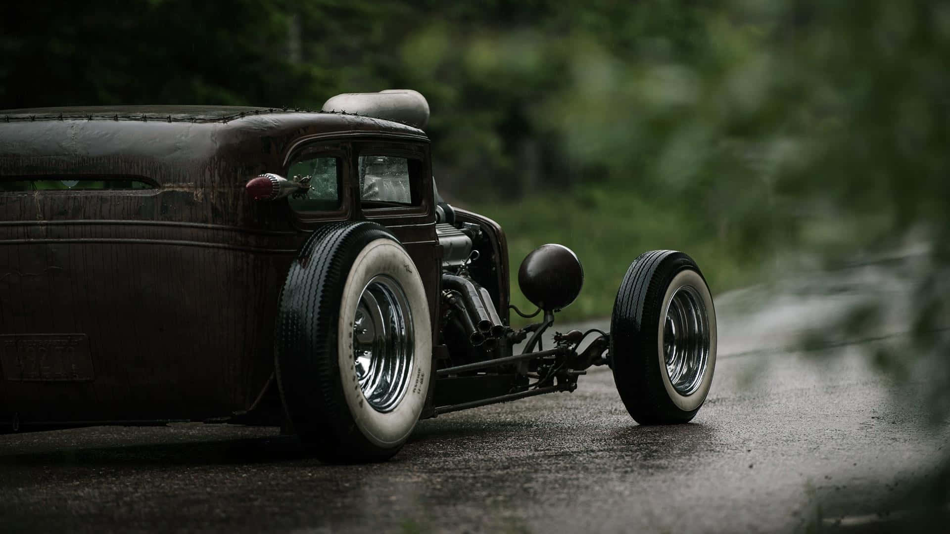 hot rod, whitewall tires, wet forest road, Full HD Desktop Wallpaper