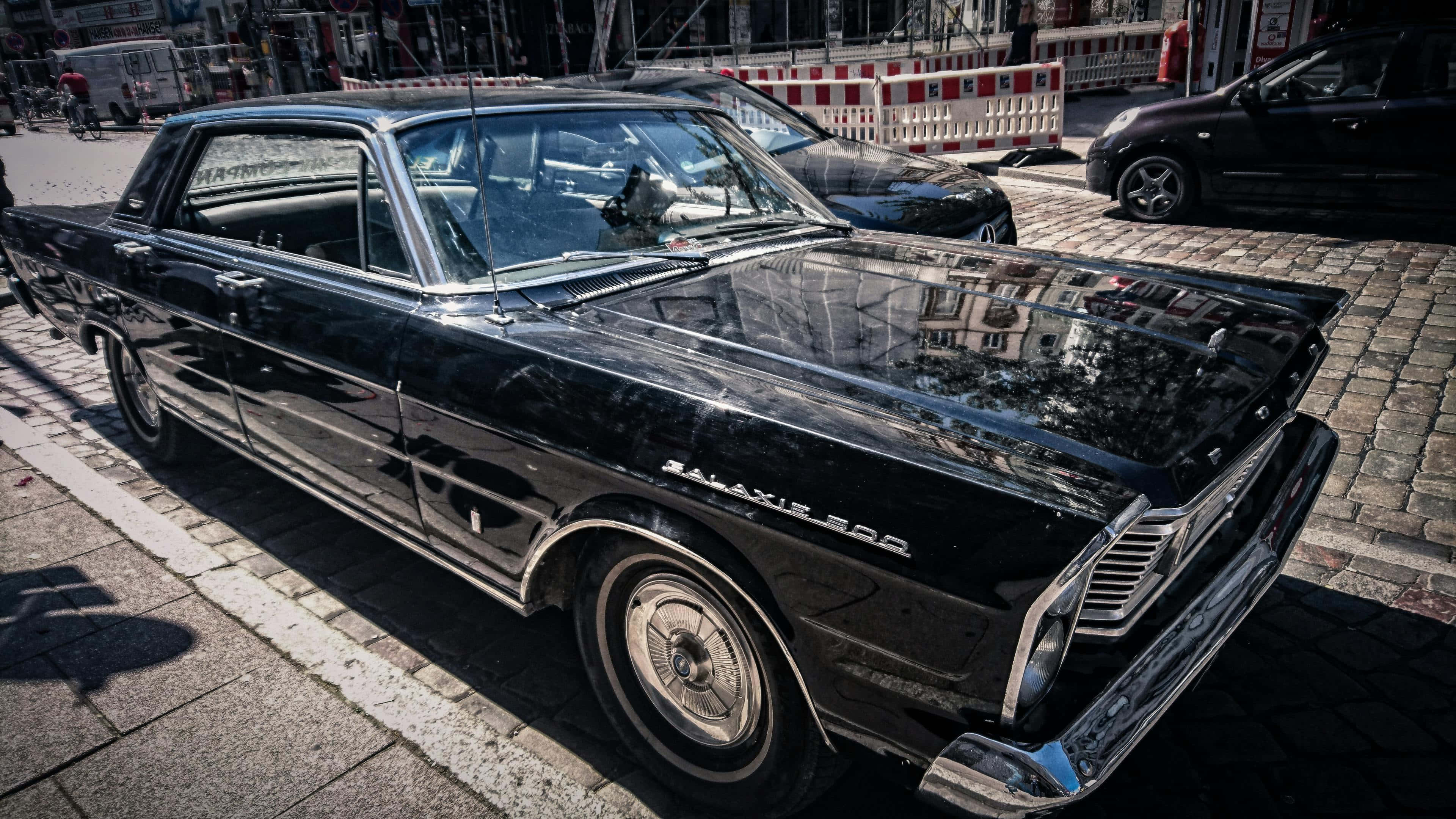 1960s Ford Galaxie 500, glossy black, cobblestone street, 4K Desktop Wallpaper