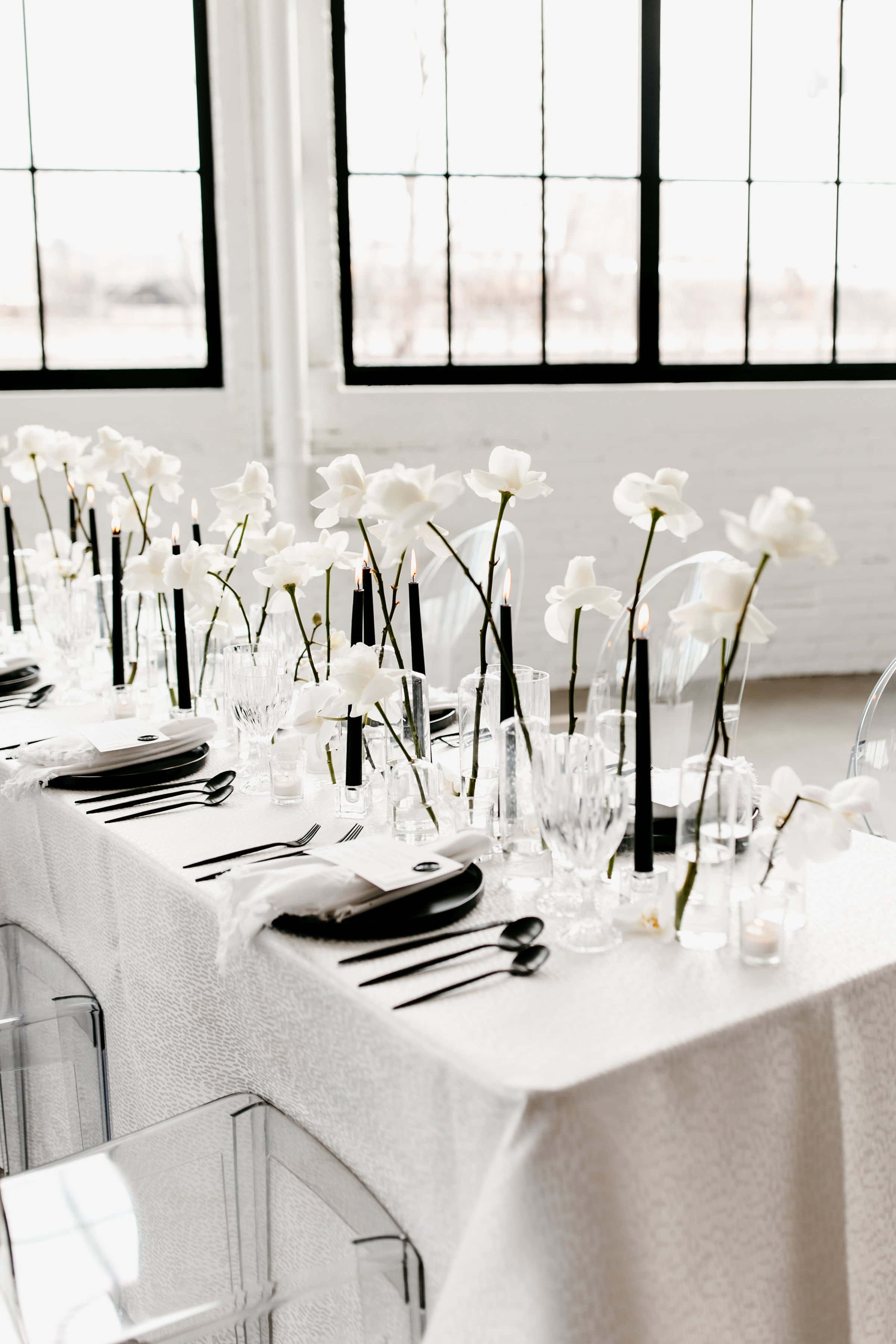 black and white wedding, white orchids, tall black candles, 2K Phone Wallpaper
