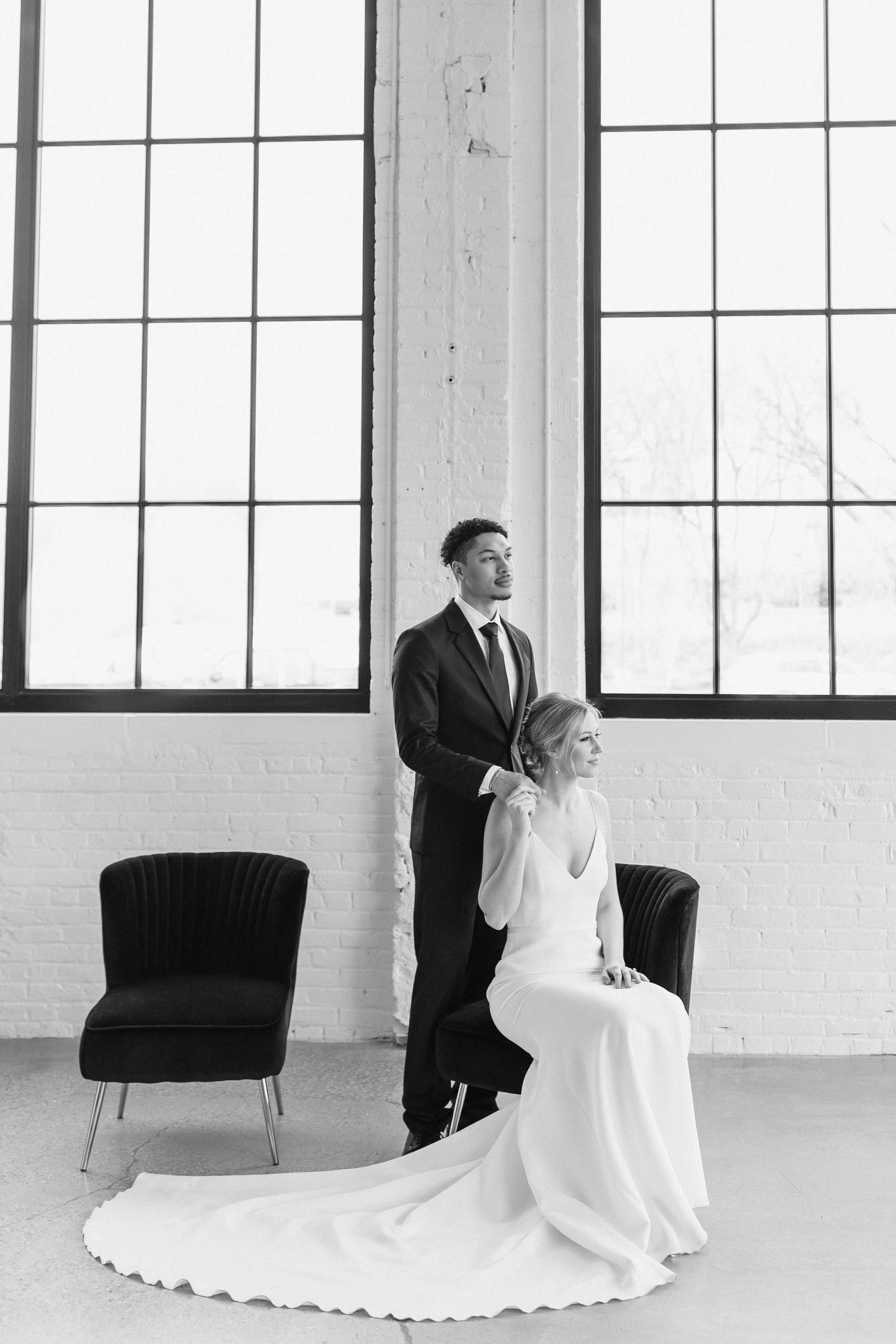 black chair, white gown, suit, 2K Phone Wallpaper