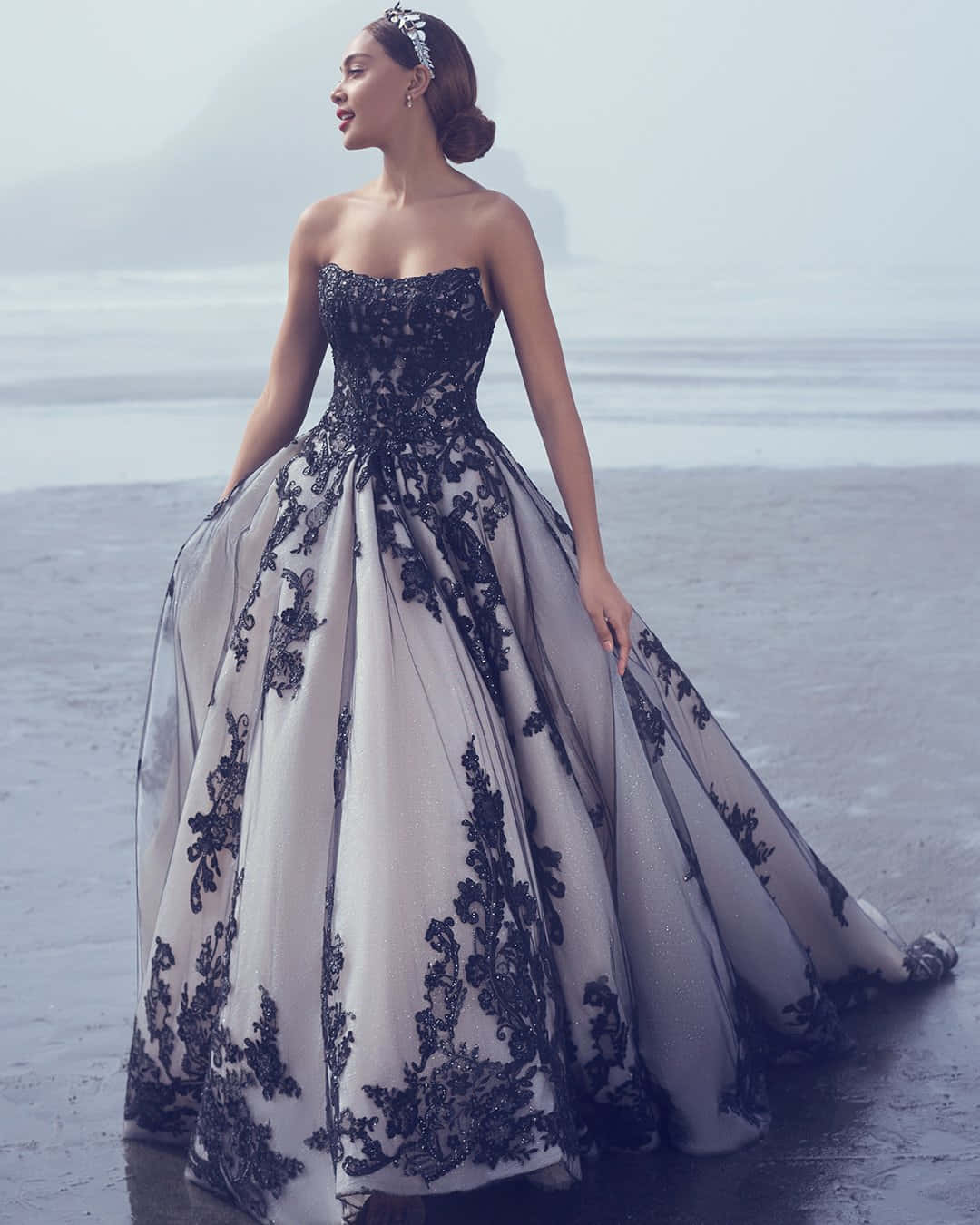 black and white wedding, elegant black and white lace gown, misty beach, HD Phone Wallpaper