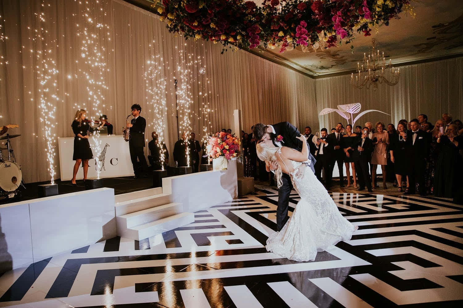 black and white wedding, geometric dance floor, sparklers, HD Desktop Wallpaper