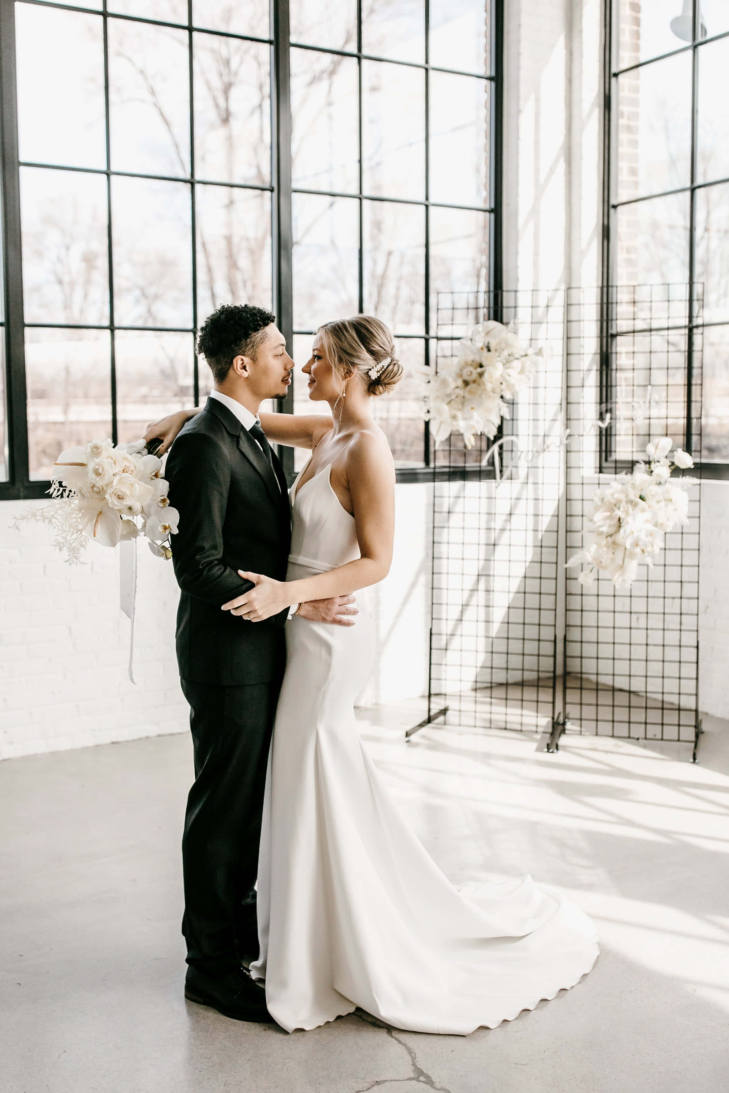 Black And White Wedding, industrial loft, large windows, 2K Phone Wallpaper
