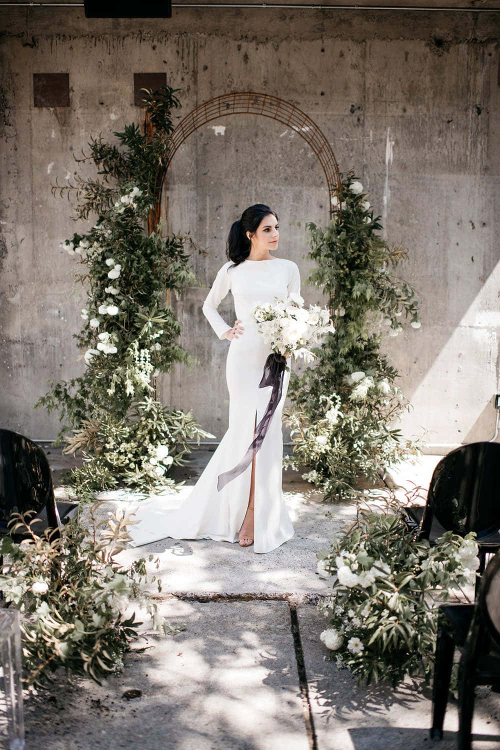 black and white wedding, sleek white gown, rustic floral arch, HD Phone Wallpaper