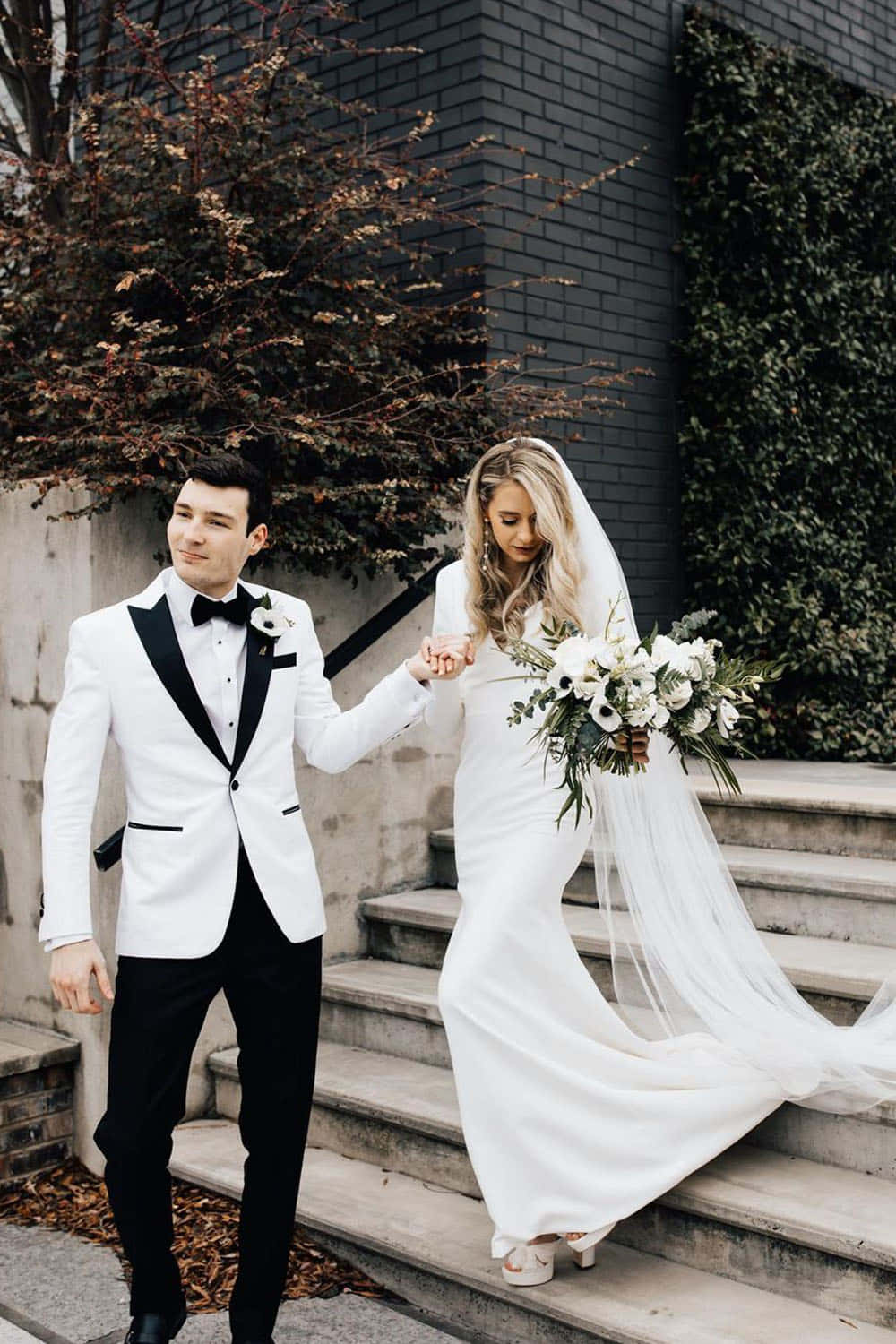 black and white wedding, stone steps, dark brick wall, HD Phone Wallpaper