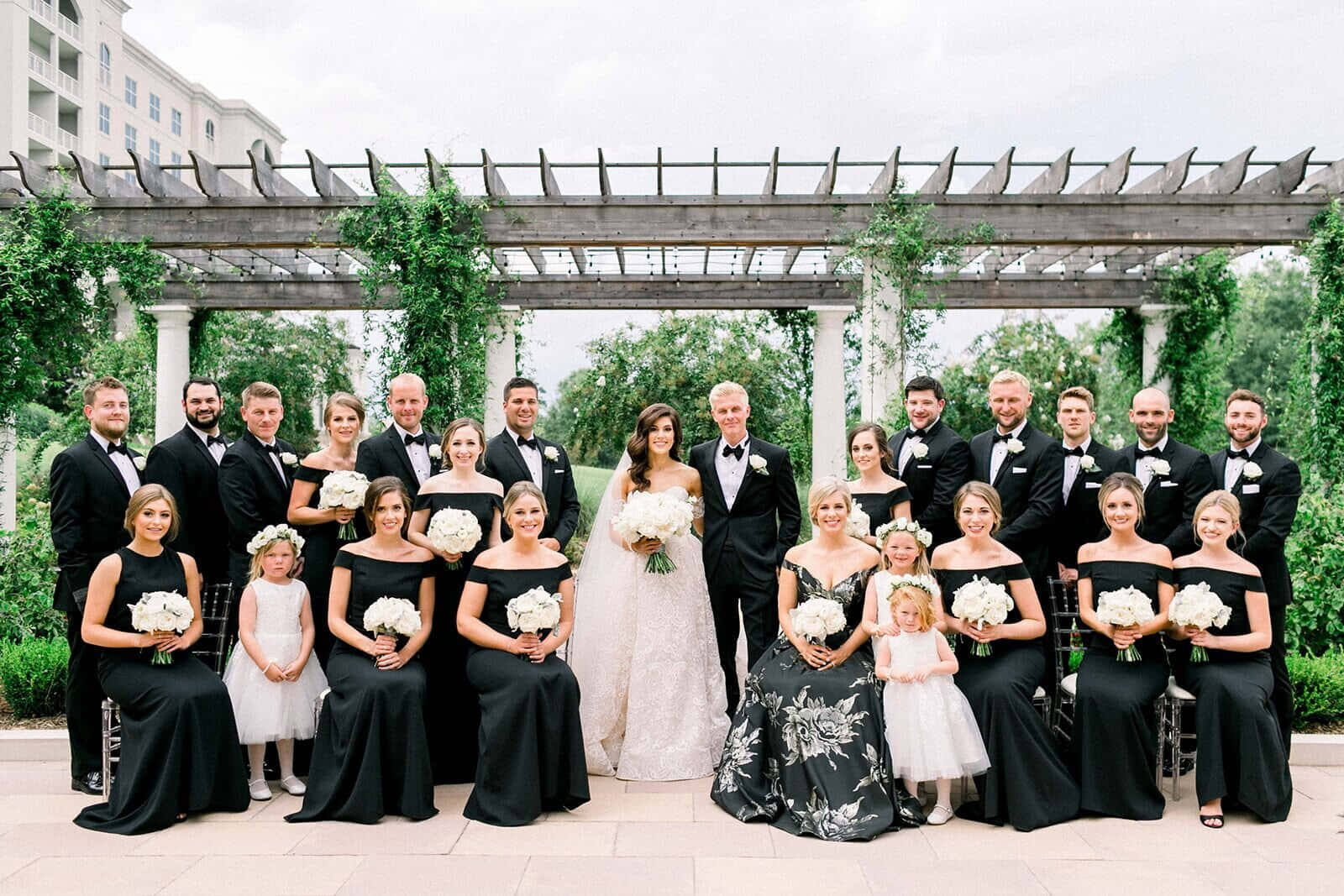 black and white wedding, vine-covered pergola, bride in white gown, HD Desktop Wallpaper