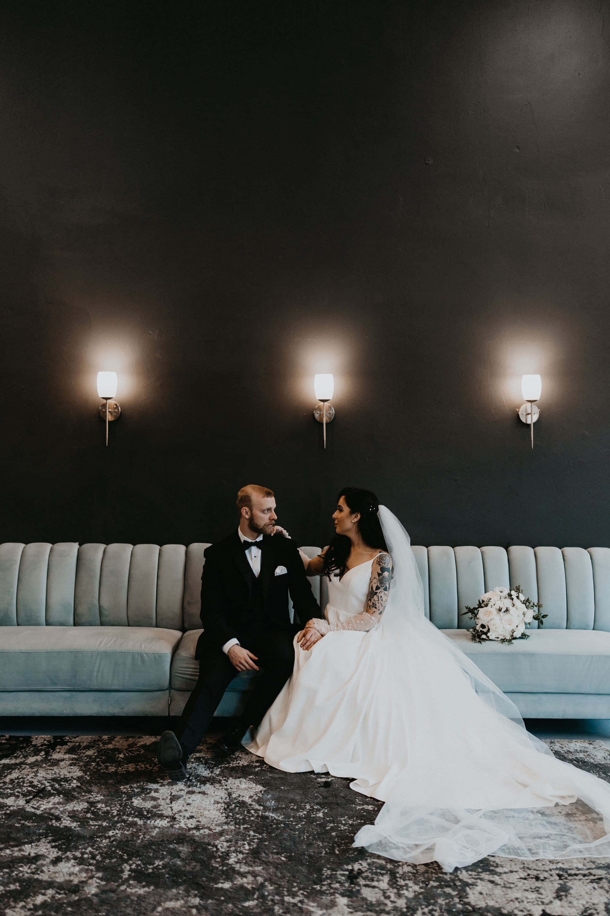 black and white wedding, light blue sofa, dark wall, 2K Phone Wallpaper