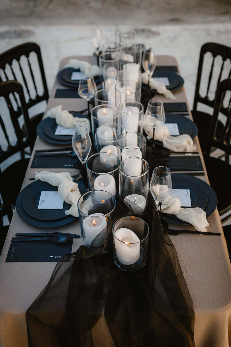 black and white wedding, beige tablecloth, lit candles, HD Phone Wallpaper