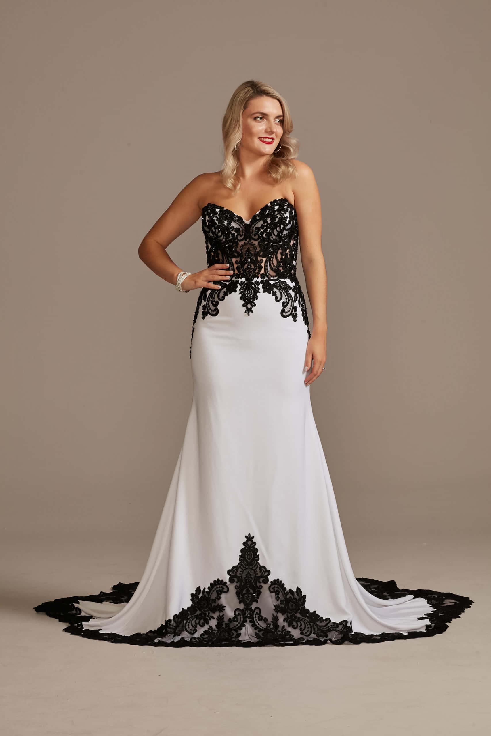 black and white wedding, white mermaid gown, black lace detailing, 2K Phone Wallpaper