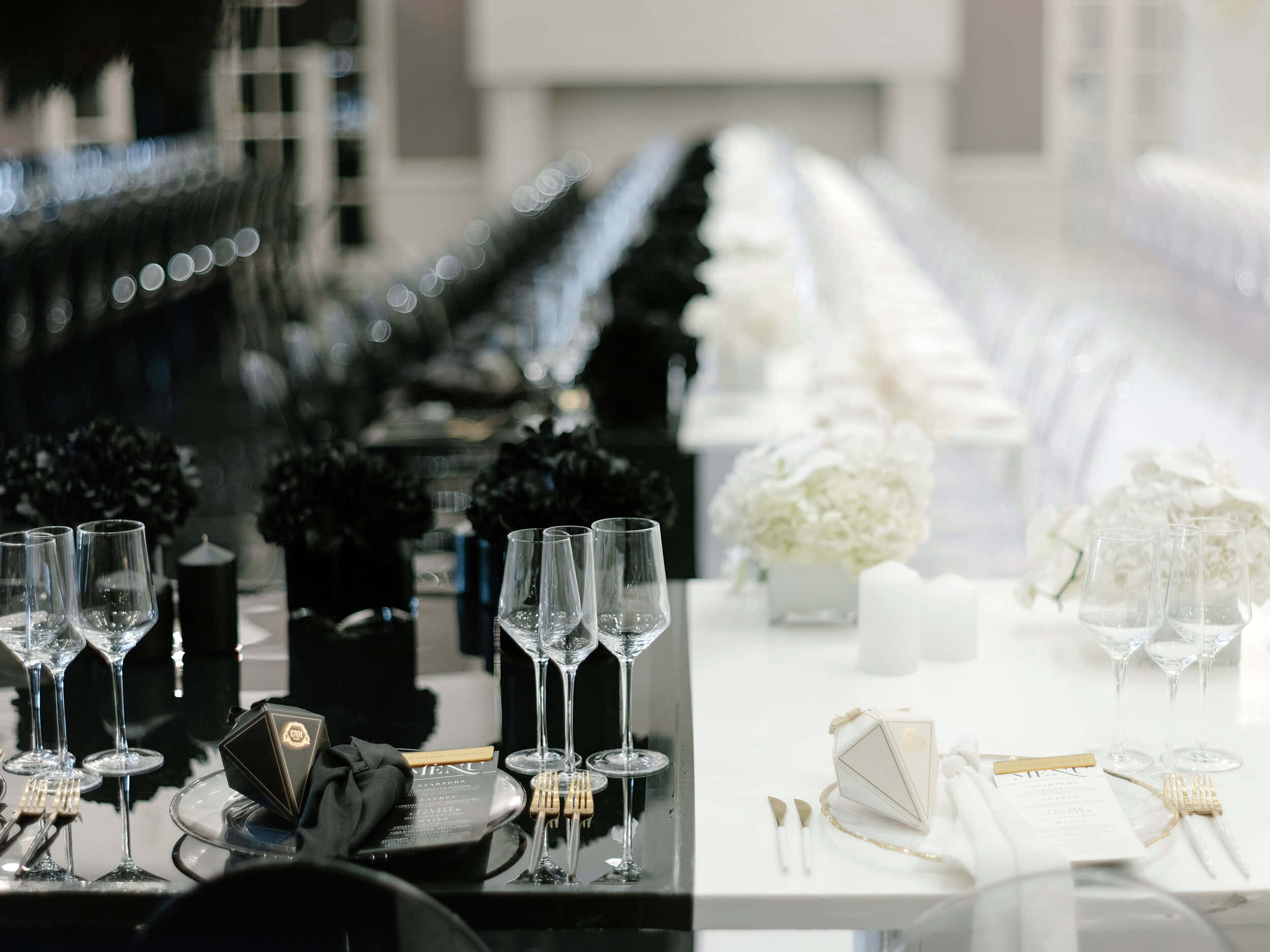 black and white wedding, banquet tables, glassware, Full HD Desktop Wallpaper