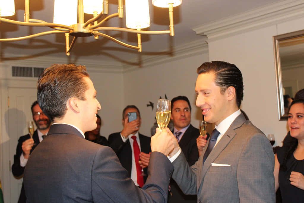 Gay Latino Wedding, suits, champagne glasses, SD Desktop Wallpaper