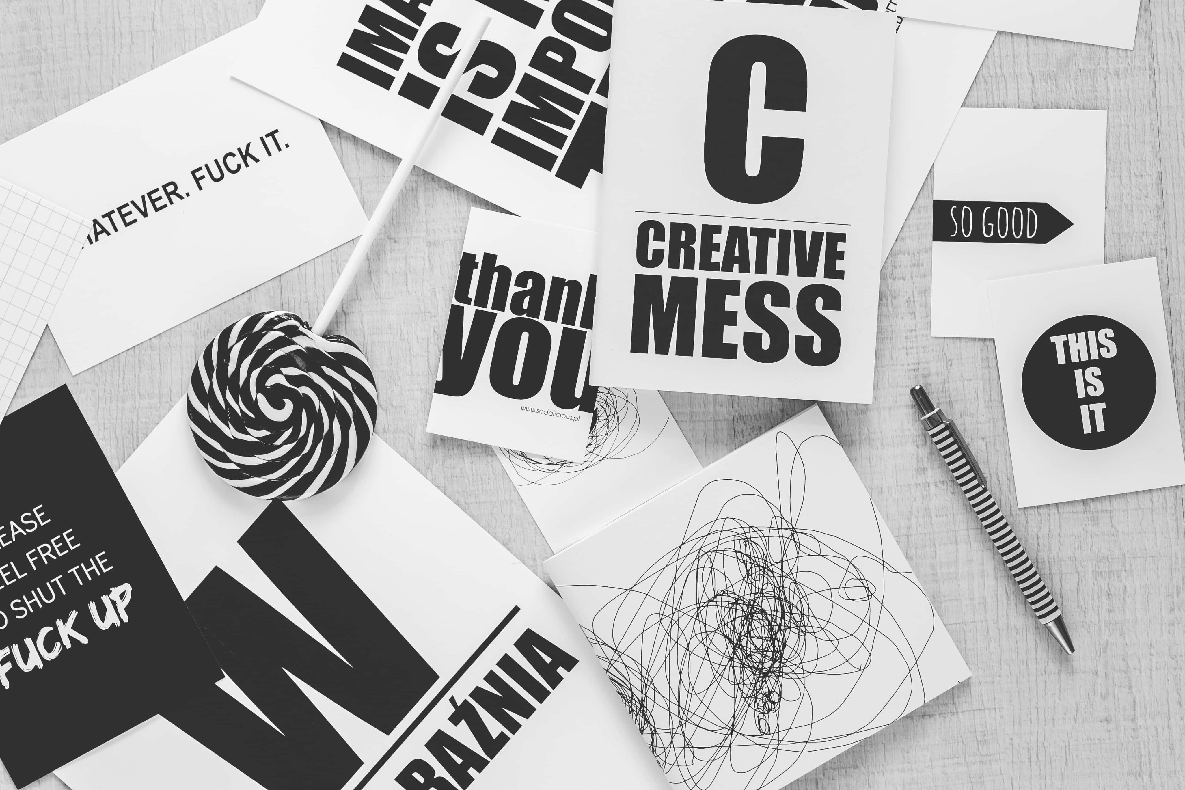 Black and White Word, bold typography, striped lollipop, 4K Desktop Wallpaper