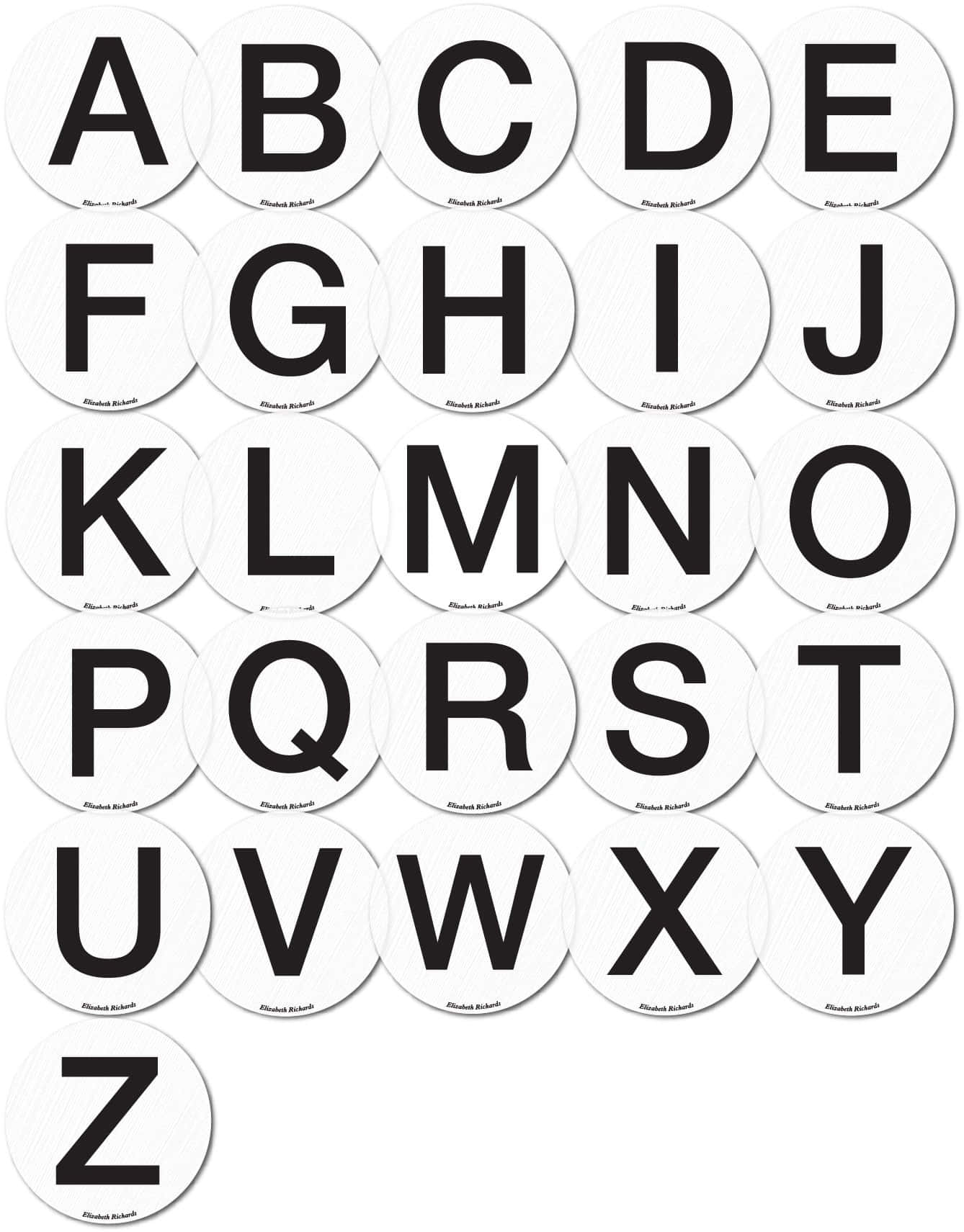 Black and White Letter, uppercase alphabet letters, white circular stickers, HD Phone Wallpaper