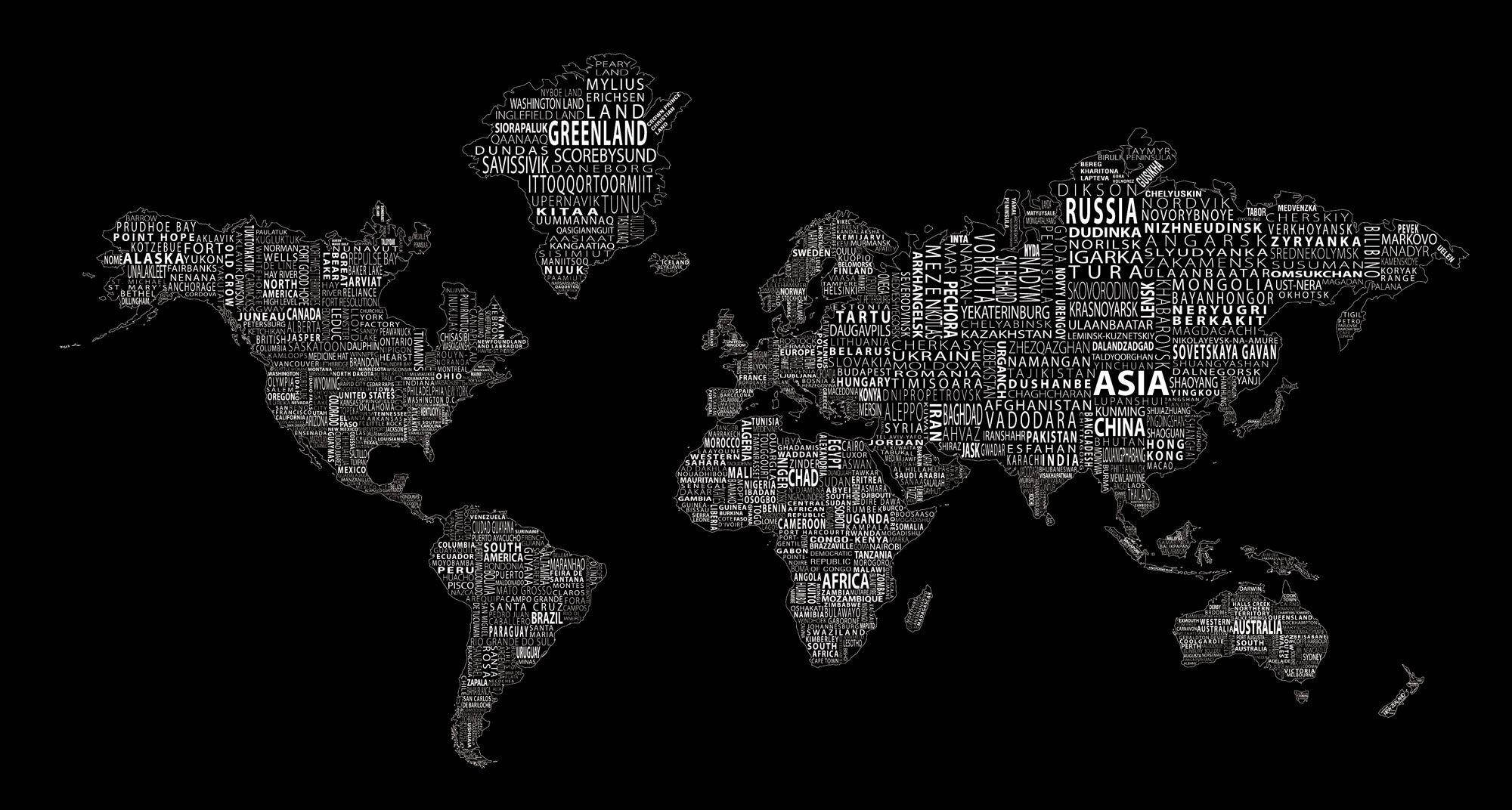 black and white aesthetic word map, world map, country names, Full HD Desktop Wallpaper