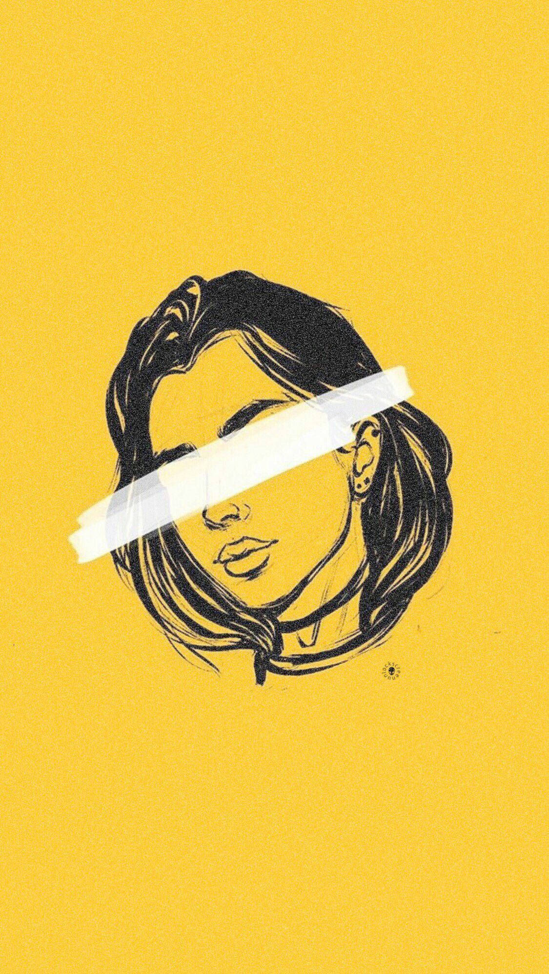 black ink illustration, woman's face, white tape, Full HD Phone Wallpaper