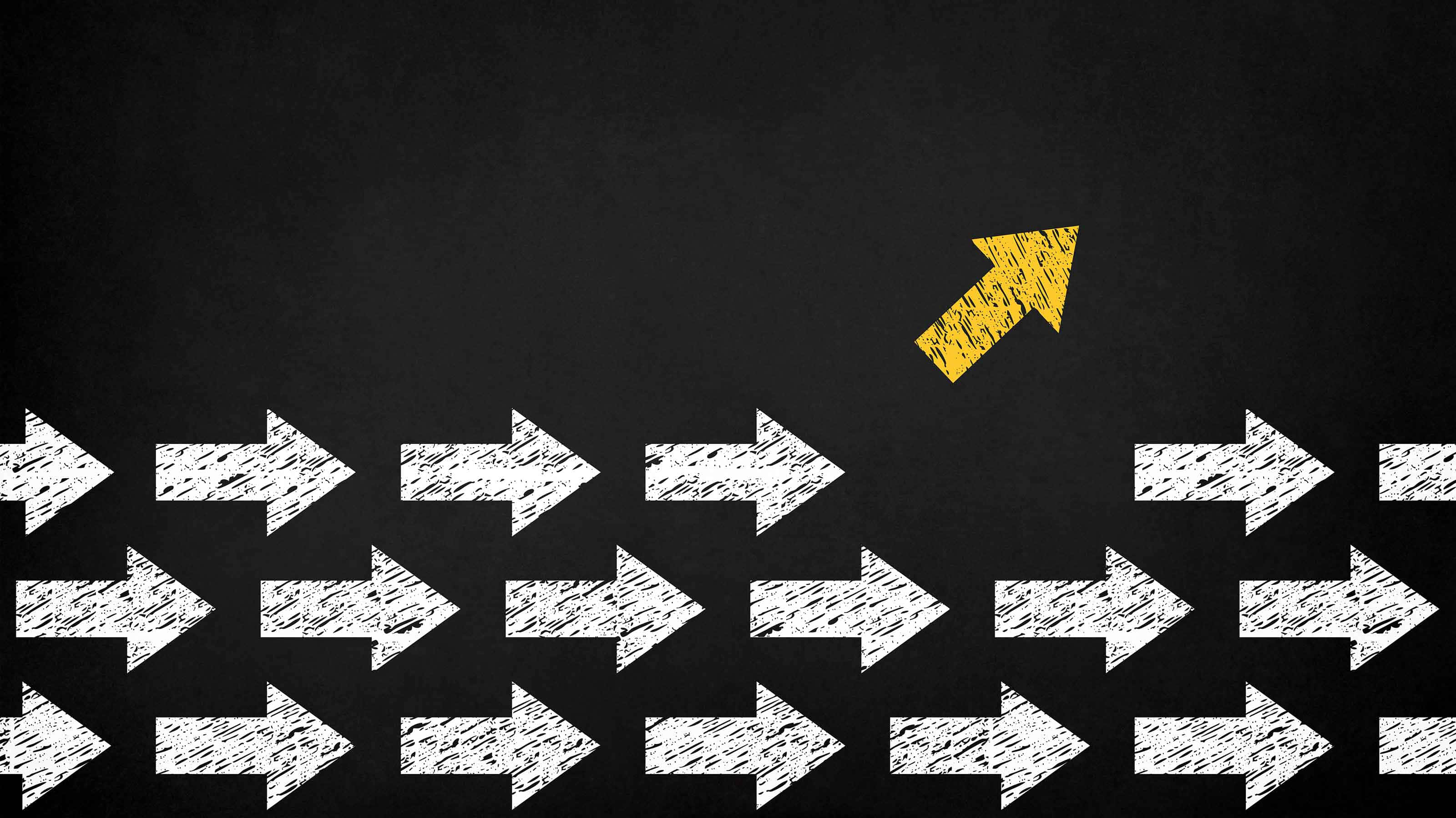 Contrarian Arrow Representation, yellow arrow, white arrows, 2K Desktop Wallpaper