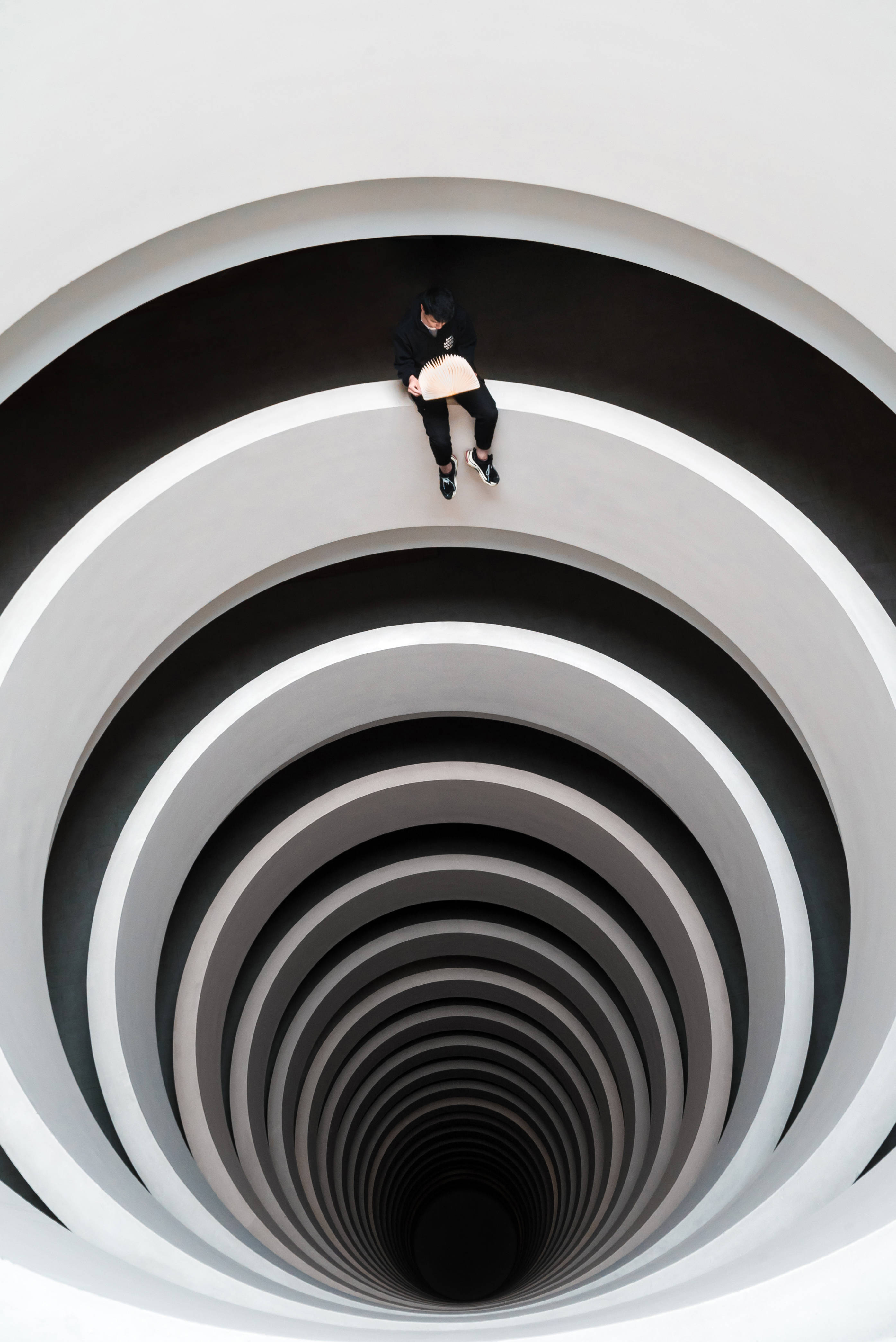 Black Android, spiral staircase, monochrome tones, 4K Phone Wallpaper