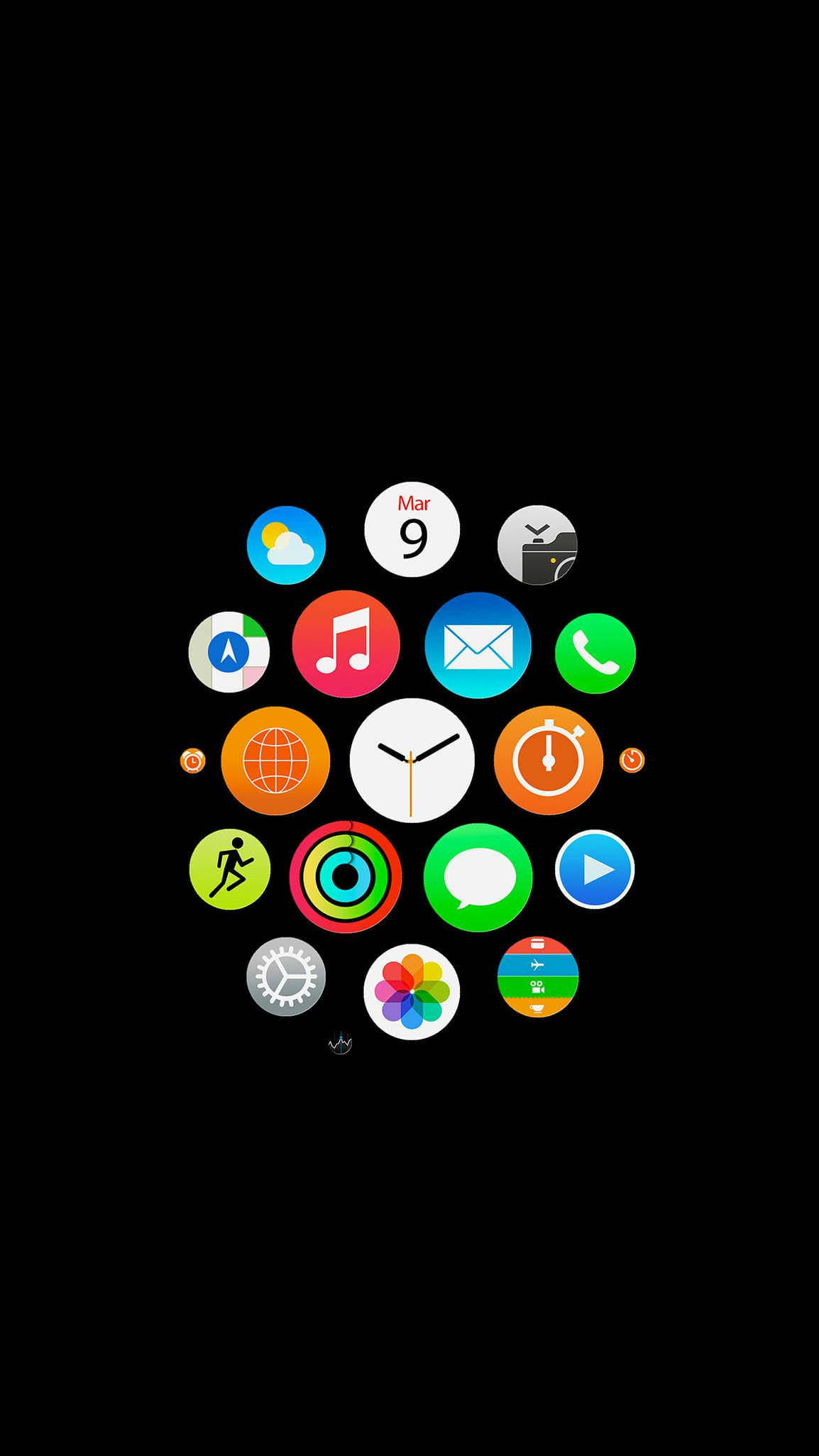 Black AMOLED Smartphone, iOS app icons, circular arrangement, Full HD Phone Wallpaper
