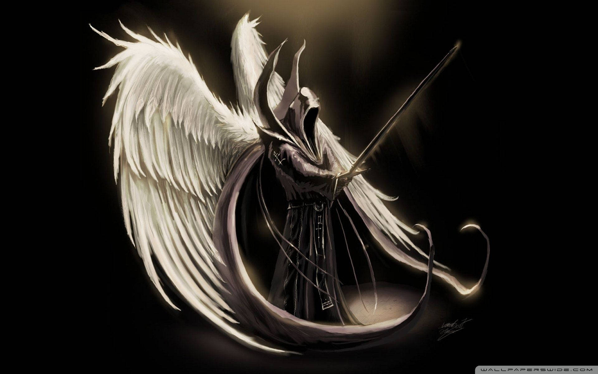 angel, white wings, horned helmet, Full HD Desktop Wallpaper