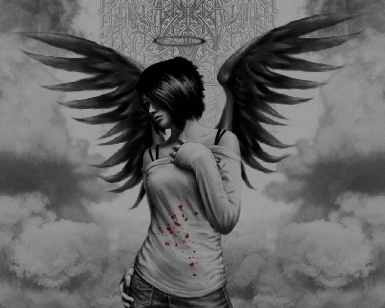 emo black angel wings, dark wings, bloodstains, HD Desktop Wallpaper