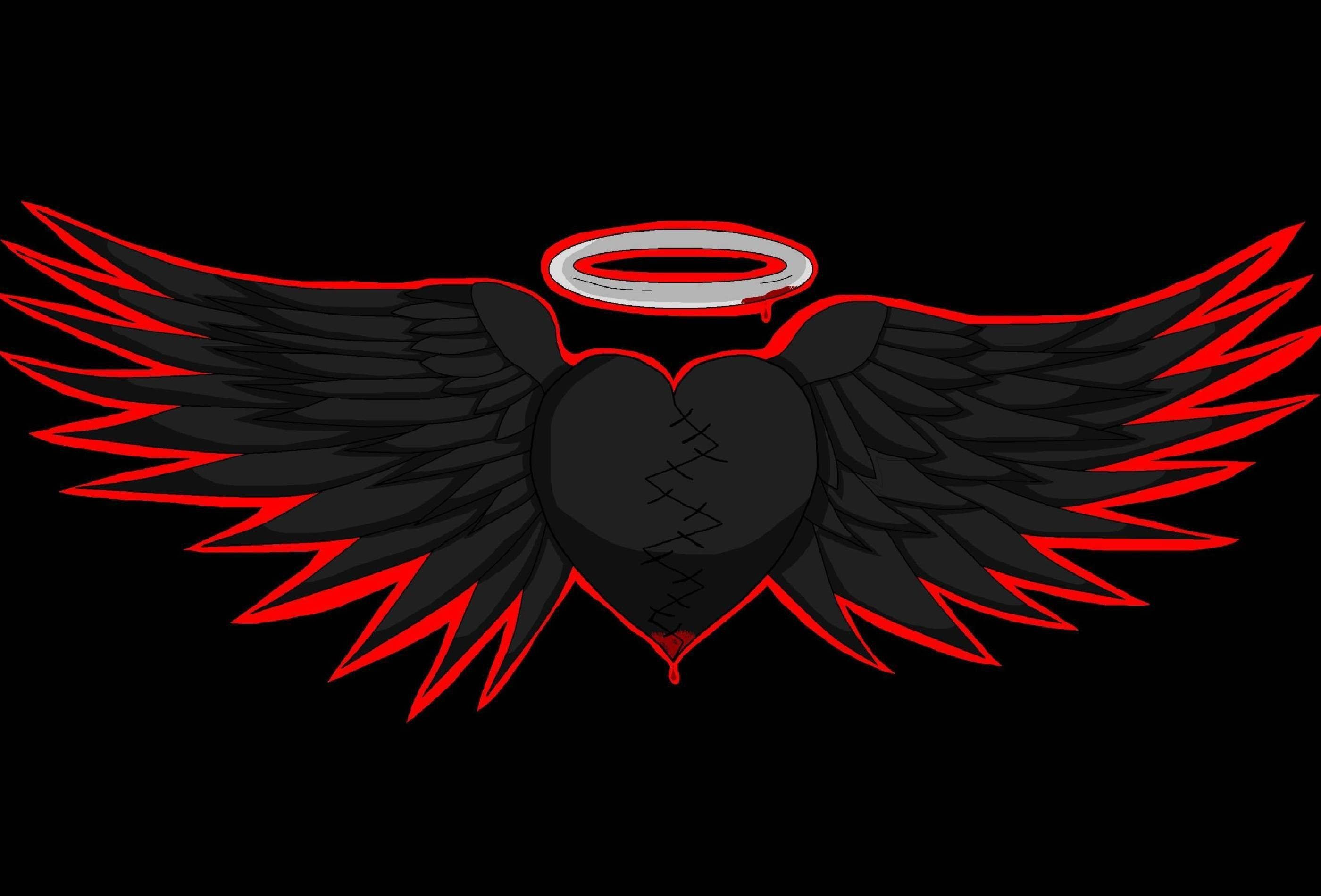 broken heart, black angel wings, jagged red-outlined wings, 2K Desktop Wallpaper