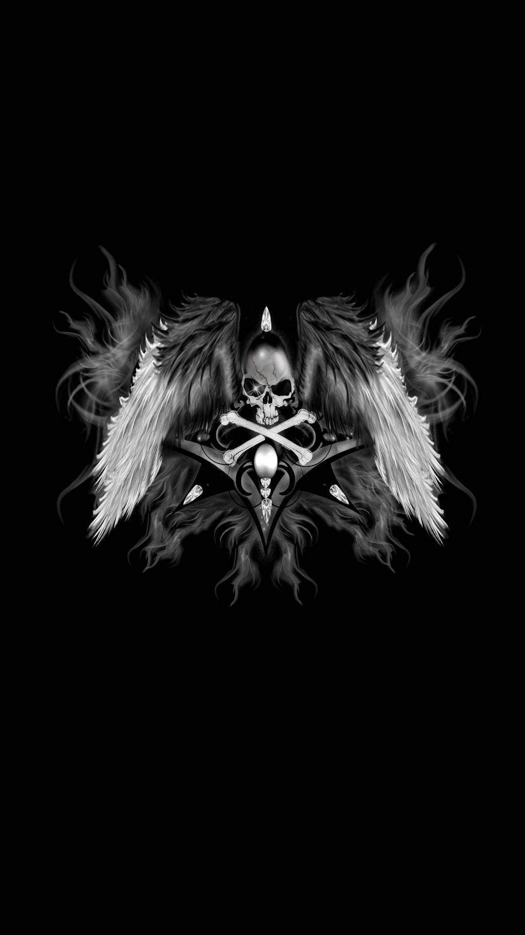 hardcore black angel wings, skull, feathered wings, Full HD Phone Wallpaper