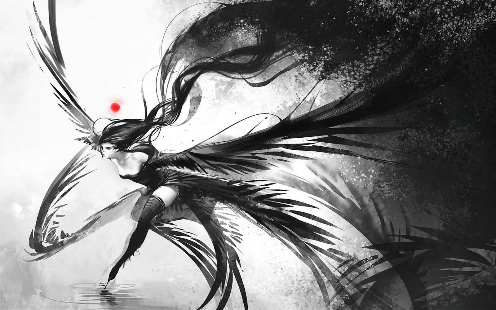 wispy black angel wings, black and white anime girl, feathered wings, HD Desktop Wallpaper