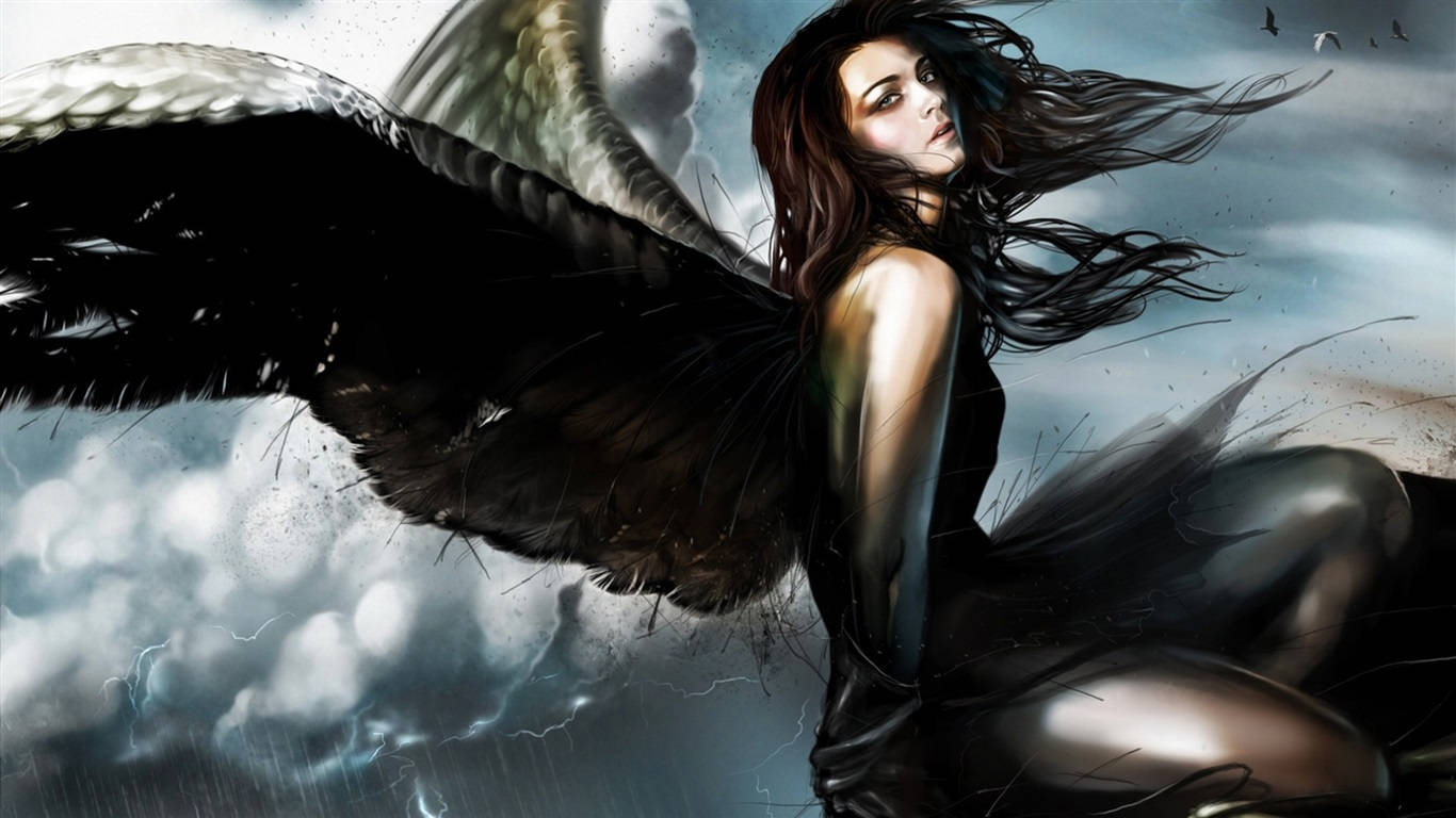 Rain Black Angel Wings, dark-winged angel, stormy clouds, HD Desktop Wallpaper