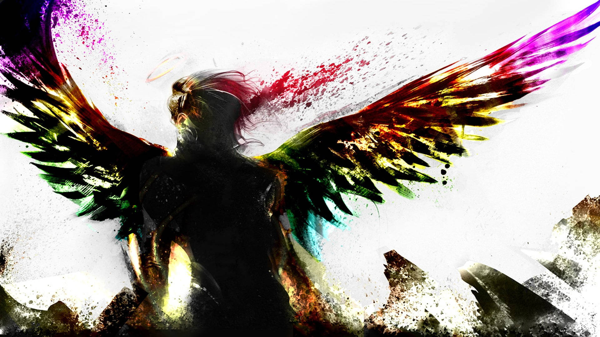 rainbow black angel wings, vibrant rainbow feathers, dark silhouette, Full HD Desktop Wallpaper