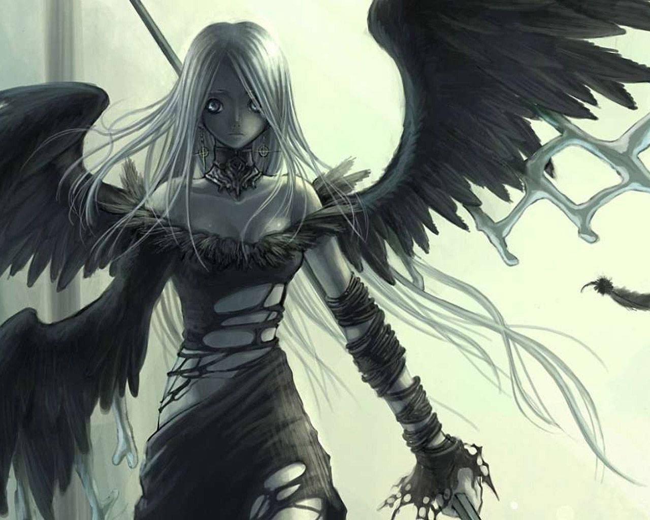 three black angel wings, pale angelic figure, long silver hair, HD Desktop Wallpaper