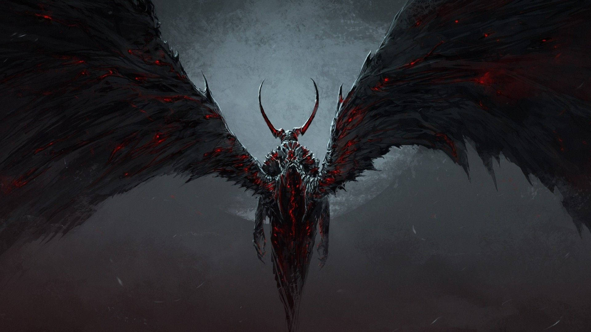 dark art, black angel wings, glowing red veins, Full HD Desktop Wallpaper