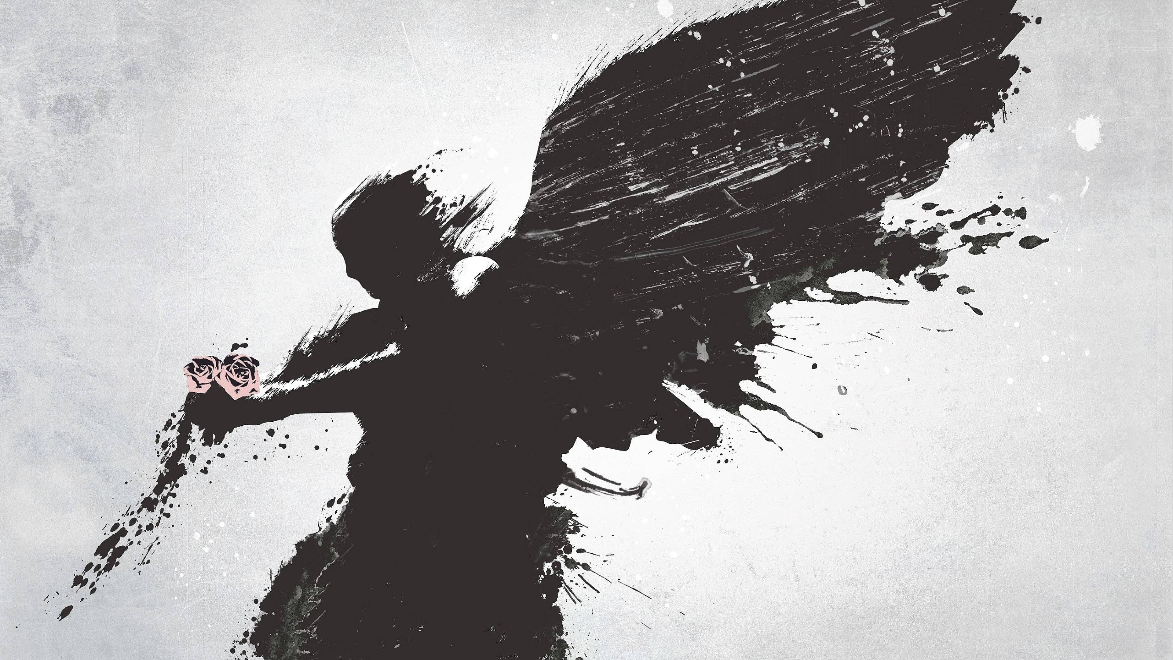black angel wings, pink roses, stark black ink silhouette, 4K Desktop Wallpaper