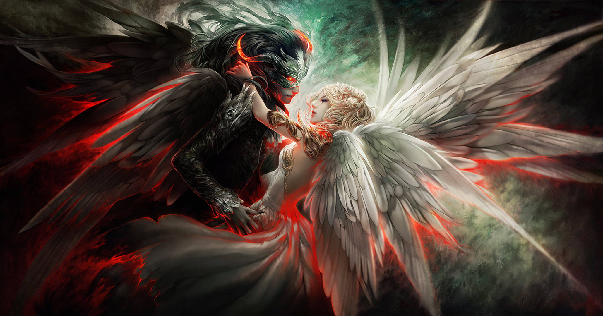 Black Angel Wings, dark-winged demon, white-winged angel, Full HD Desktop Wallpaper