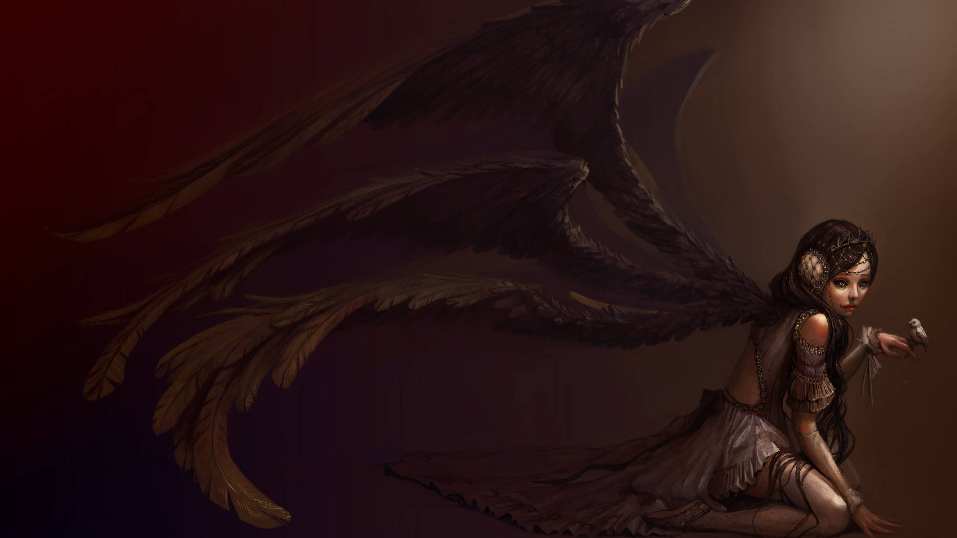 six black angel wings, dark-winged angel, long hair, Full HD Desktop Wallpaper