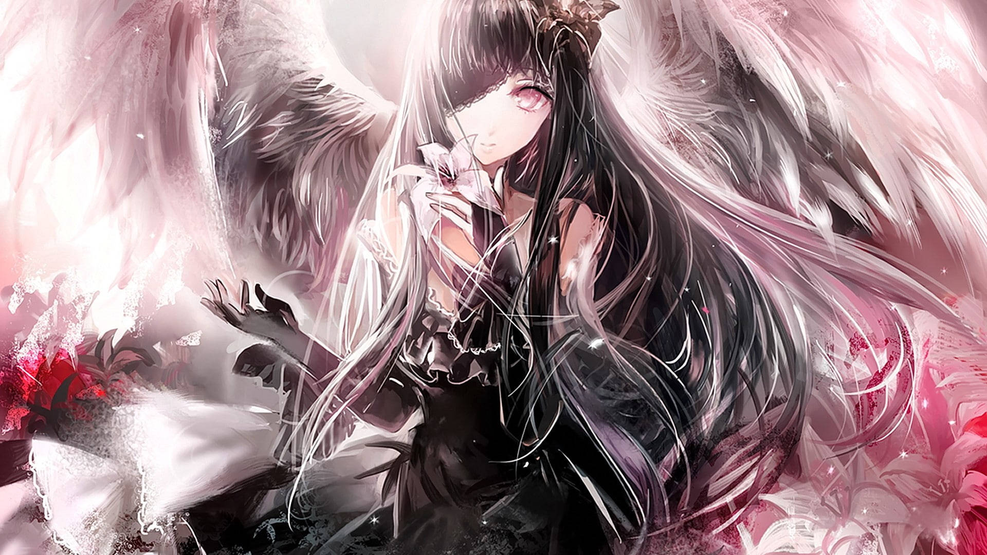 pink black angel wings, dark-haired anime angel, pink wings, Full HD Desktop Wallpaper