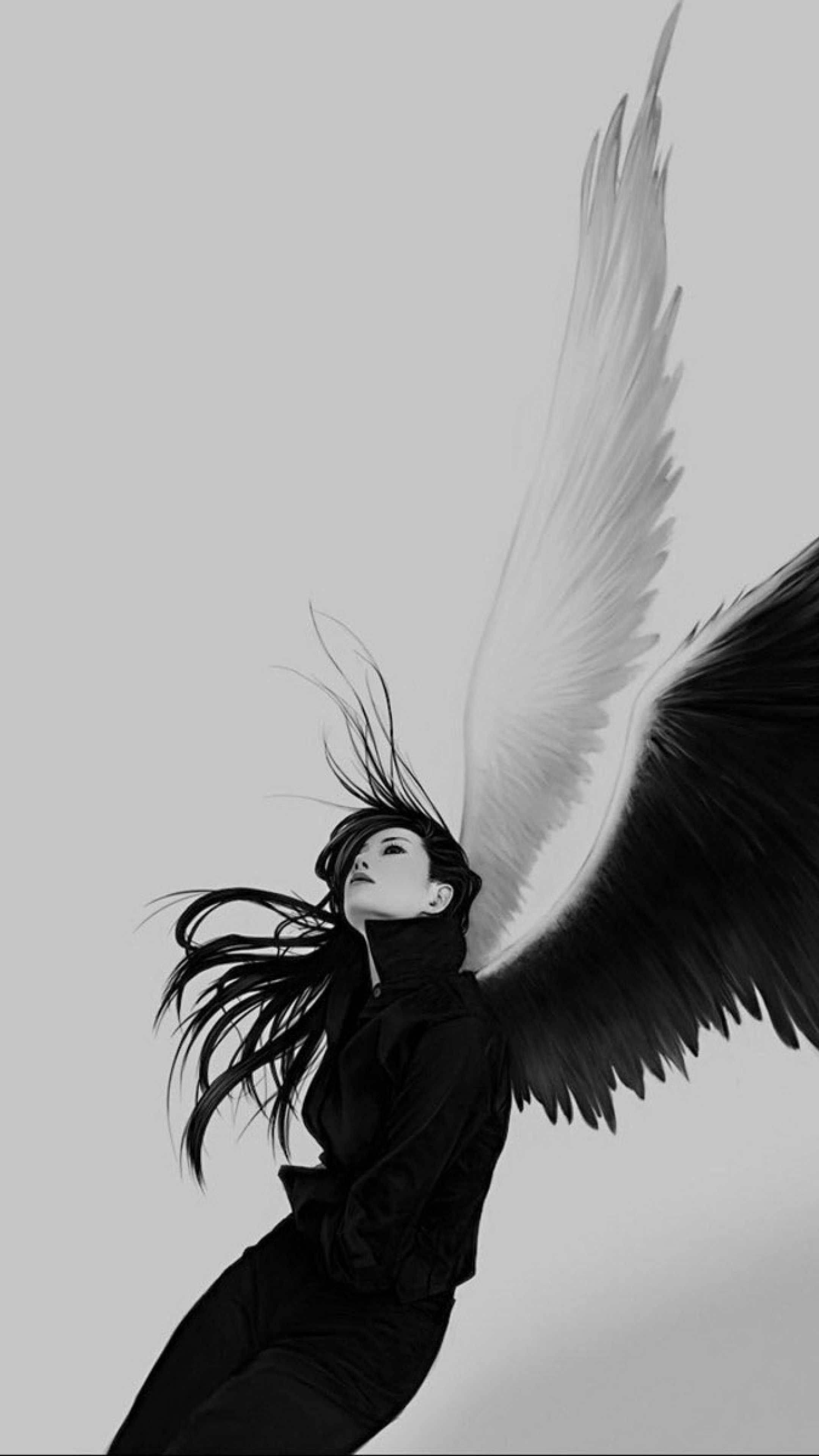 black and white wings, woman, monochrome illustration, 4K Phone Wallpaper