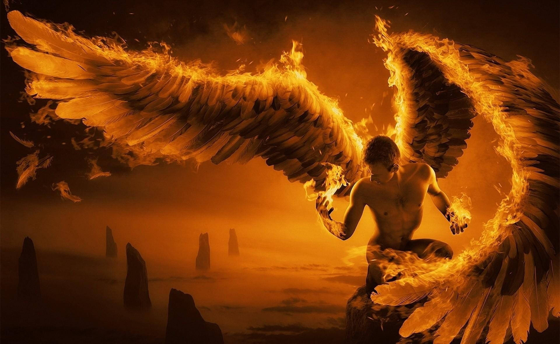 Black angel wings, flaming wings, fiery orange landscape, Full HD Desktop Wallpaper