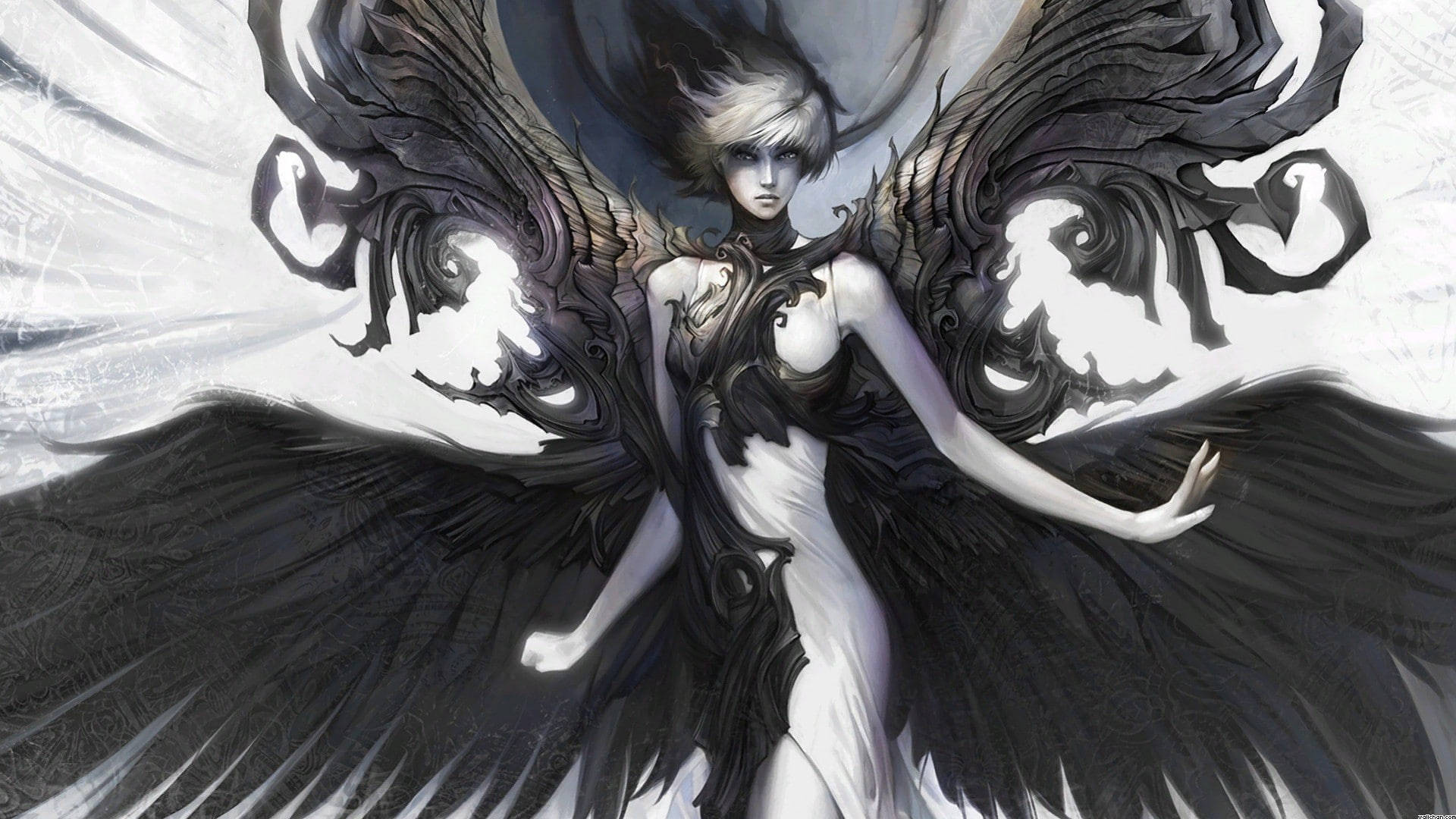 Black angel wings, intricate black feathered wings, ornate armor, Full HD Desktop Wallpaper
