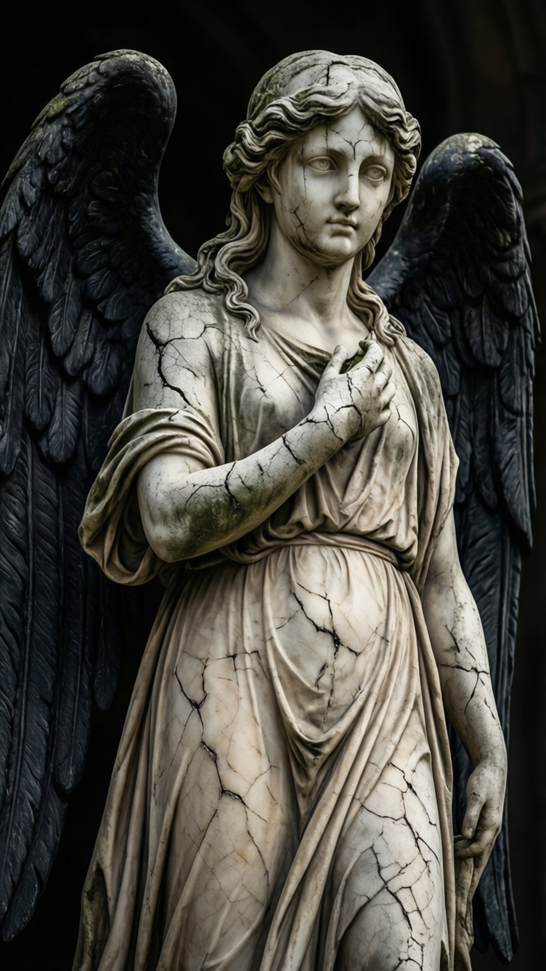 cracked stone angel statue, dark wings, black background, Full HD Phone Wallpaper